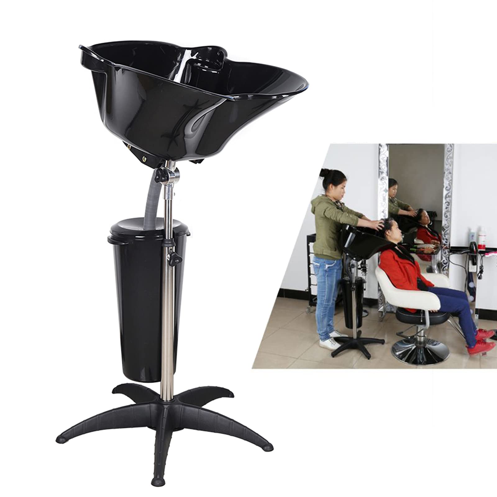 **Adjustable Height Portable Salon Shampoo Sink with Drain Hose - Deep Hair Washing Basin for Barber & Salon (103-139cm, Black) - Perfect for Backwash, Hair Treatment & Styling Services**