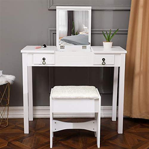 Modern White Vanity Table Set with Flip Mirror & Cushioned Stool - 2-Drawer Dressing Desk for Women & Girls | Perfect for Bedroom Makeup, Writing & Home Decor