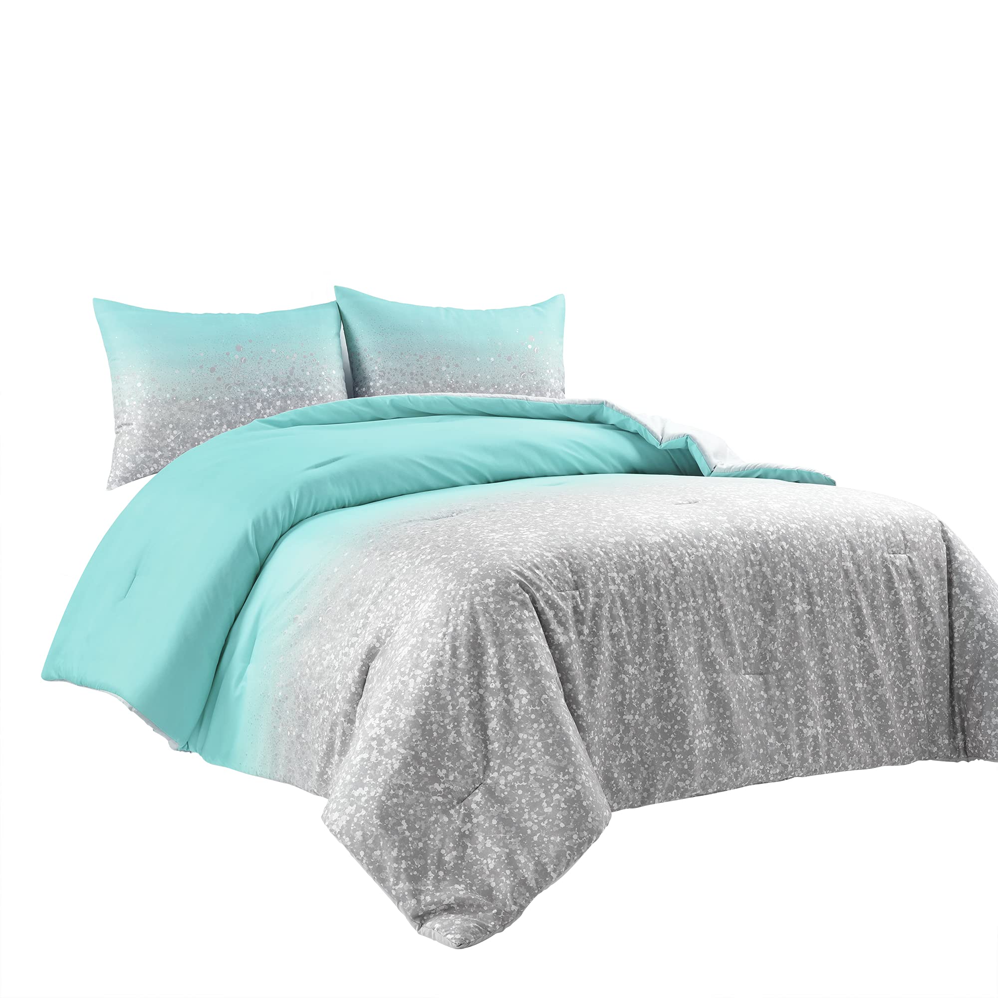 Lush Decor Glitter Ombre Metallic Print 5-Piece Quilt Set - Full/Queen Size, Aqua & Gray - Soft & Stylish Bedding for Modern Bedrooms & Guest Rooms