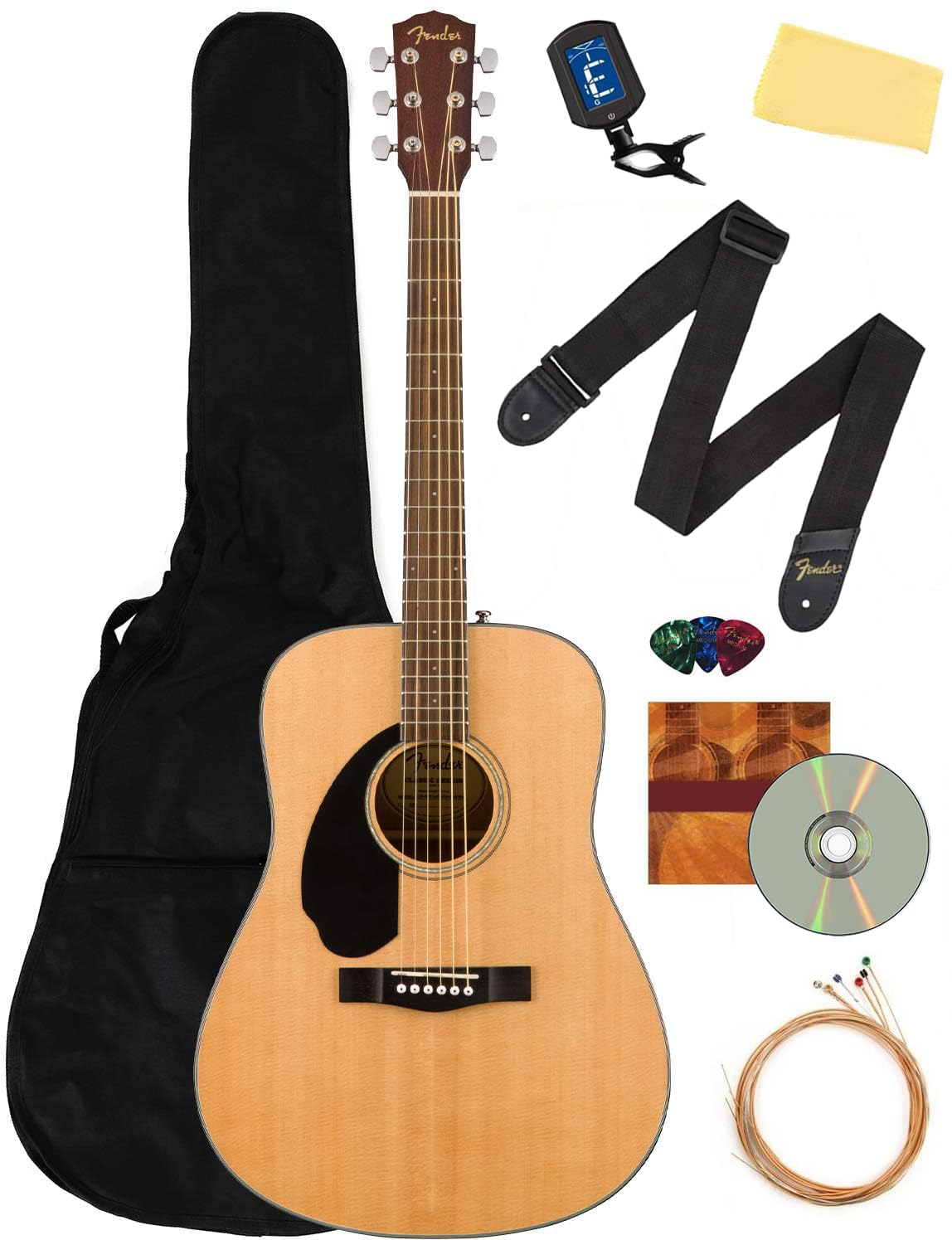 Fender CD-60S Solid Top Left-Handed Acoustic Guitar Dreadnought Bundle - Natural Finish with Gig Bag, Tuner, Strap, Strings, Picks & Instructional DVD | Perfect for Beginners, Live Performances & Home Practice