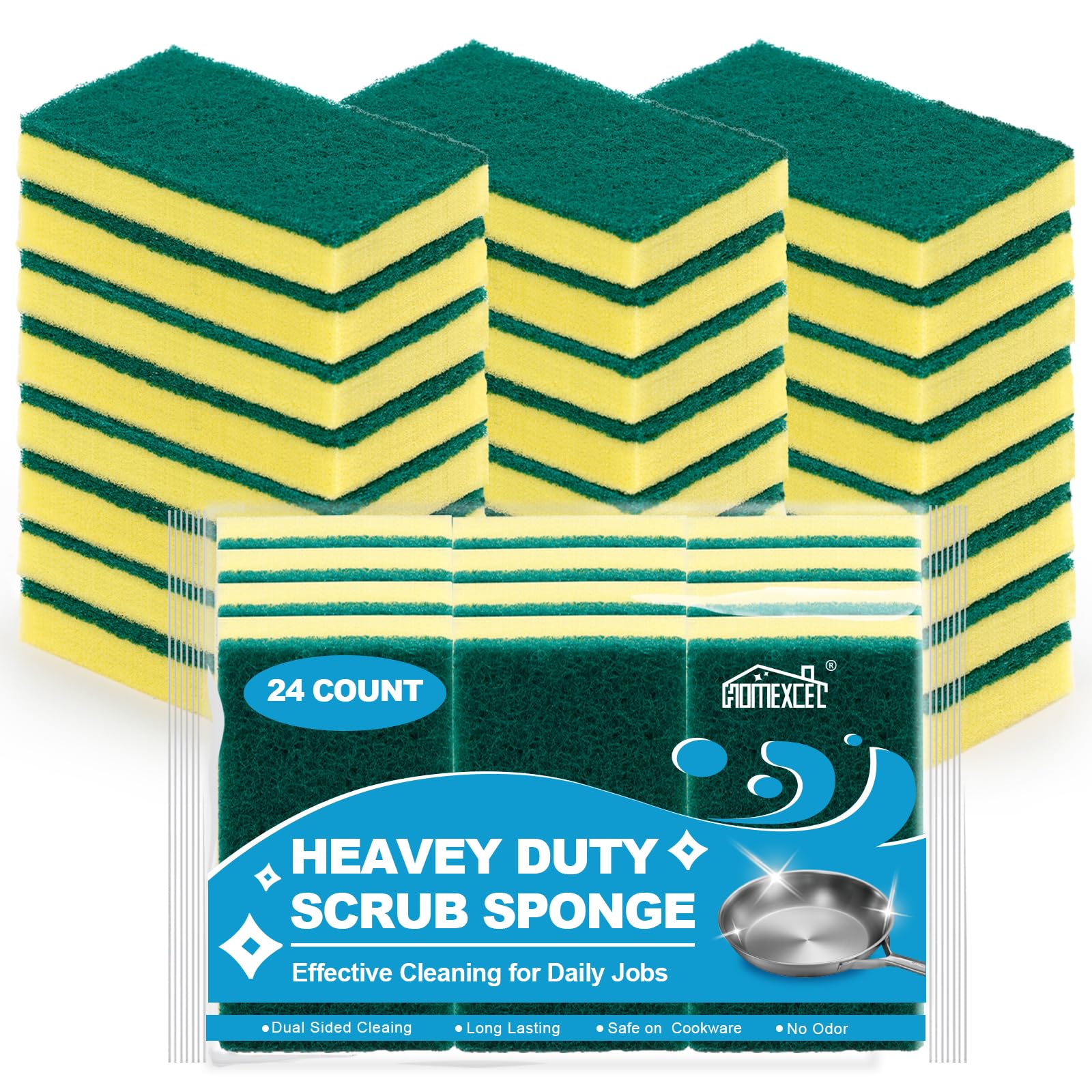 HOMEXCEL Heavy Duty Scrub Sponges 24 Pack - Extra Durable Kitchen Cleaning Sponges for Dishes, Pots, Pans & Household Cleaning - Perfect for Deep Cleaning & Everyday Use in Kitchen, Bathroom & Garage
