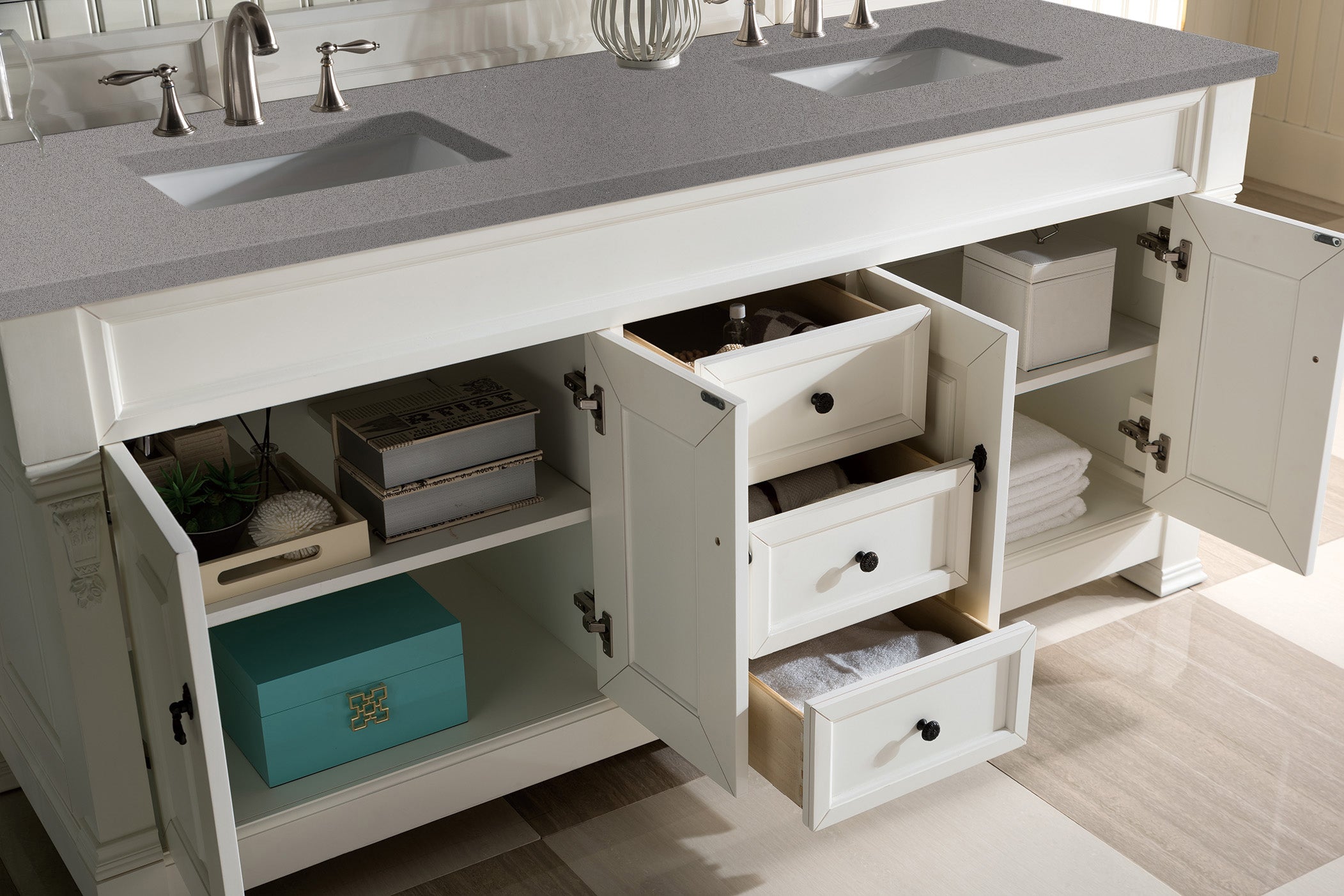 Brookfield 72-Inch Double Bathroom Vanity Set with Bright White Cabinets & 3CM Gray Expo Quartz Countertop – Perfect for Master Bathrooms, Guest Suites & Modern Home Renovations