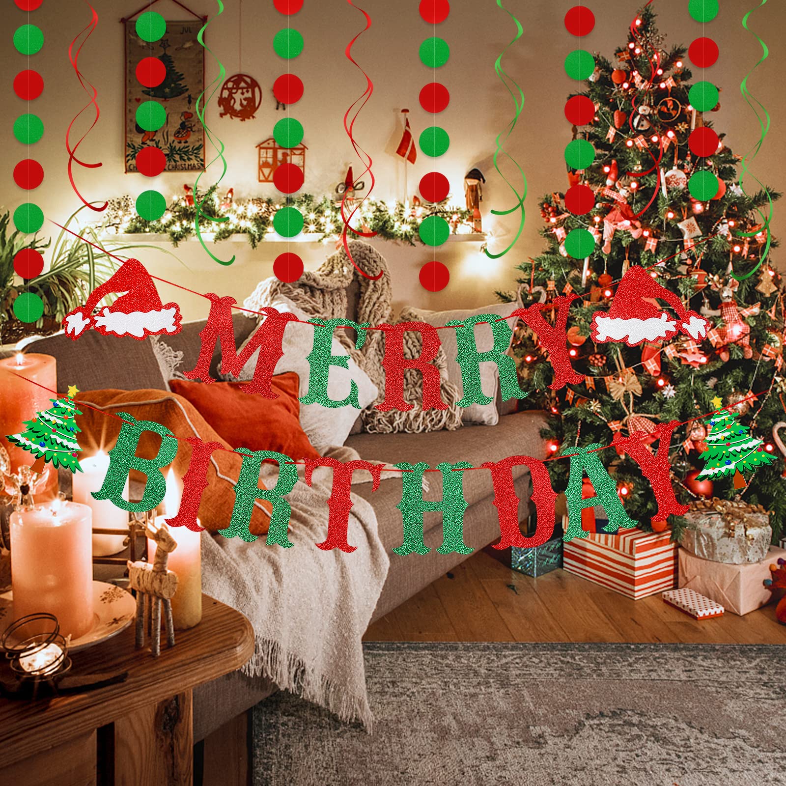Red and Green Glitter Merry Christmas Birthday Banner - Xmas Party Decorations for Holiday Celebrations, New Year, Baby Shower & Home Decor