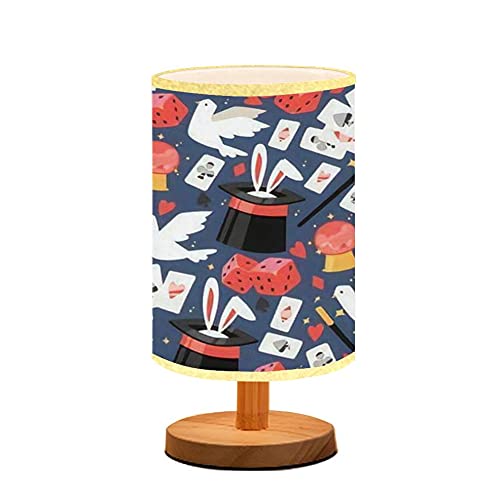 Magician Seamless Pattern Table Lamp - Minimalist Wooden Nightstand Light with Flaxen Fabric Shade for Bedroom, Living Room & Nursery - Perfect for Reading, Breastfeeding & Relaxing