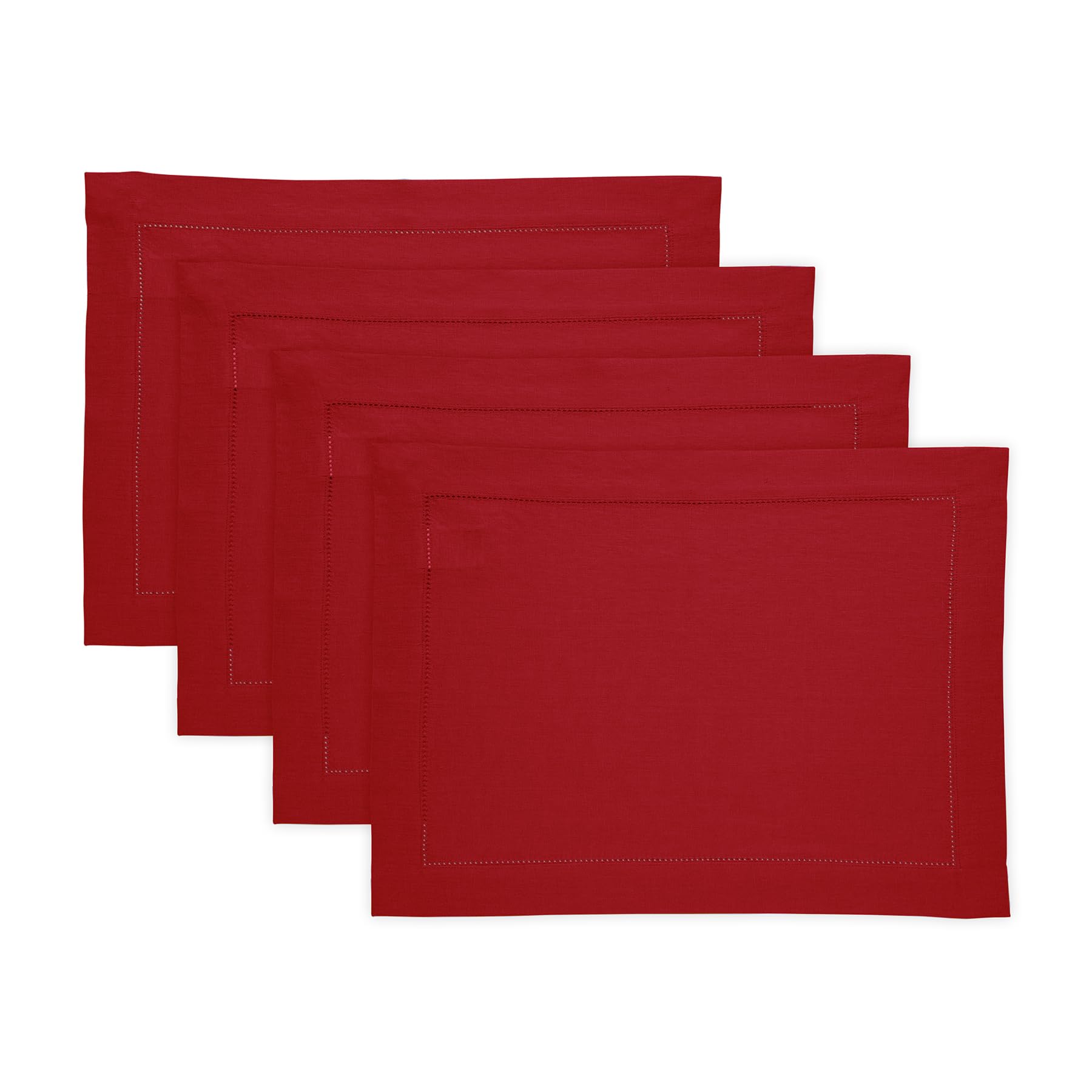 Solino Home Premium 100% Pure Linen Placemats Set of 4 - 14x19 Inch Hemstitch Red Placemats - Handcrafted from European Flax, Prewashed for Softness - Perfect for Dining Tables, Kitchen Decor, and Elegant Dinner Parties