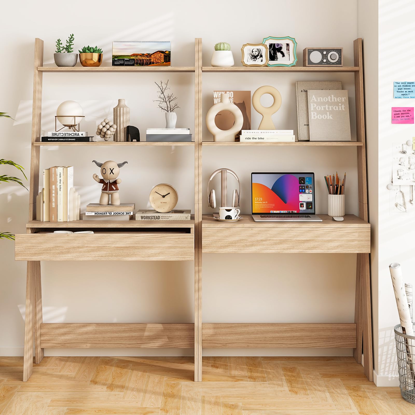 Giantex 3-Tier Ladder Desk with Drawer | 33-Inch Wide Freestanding Bookshelf with Anti-Tipping Device | Natural Wood Leaning Computer Desk with Shelves for Small Spaces | Perfect for Home Office, Dorm Room & Apartment Workspace