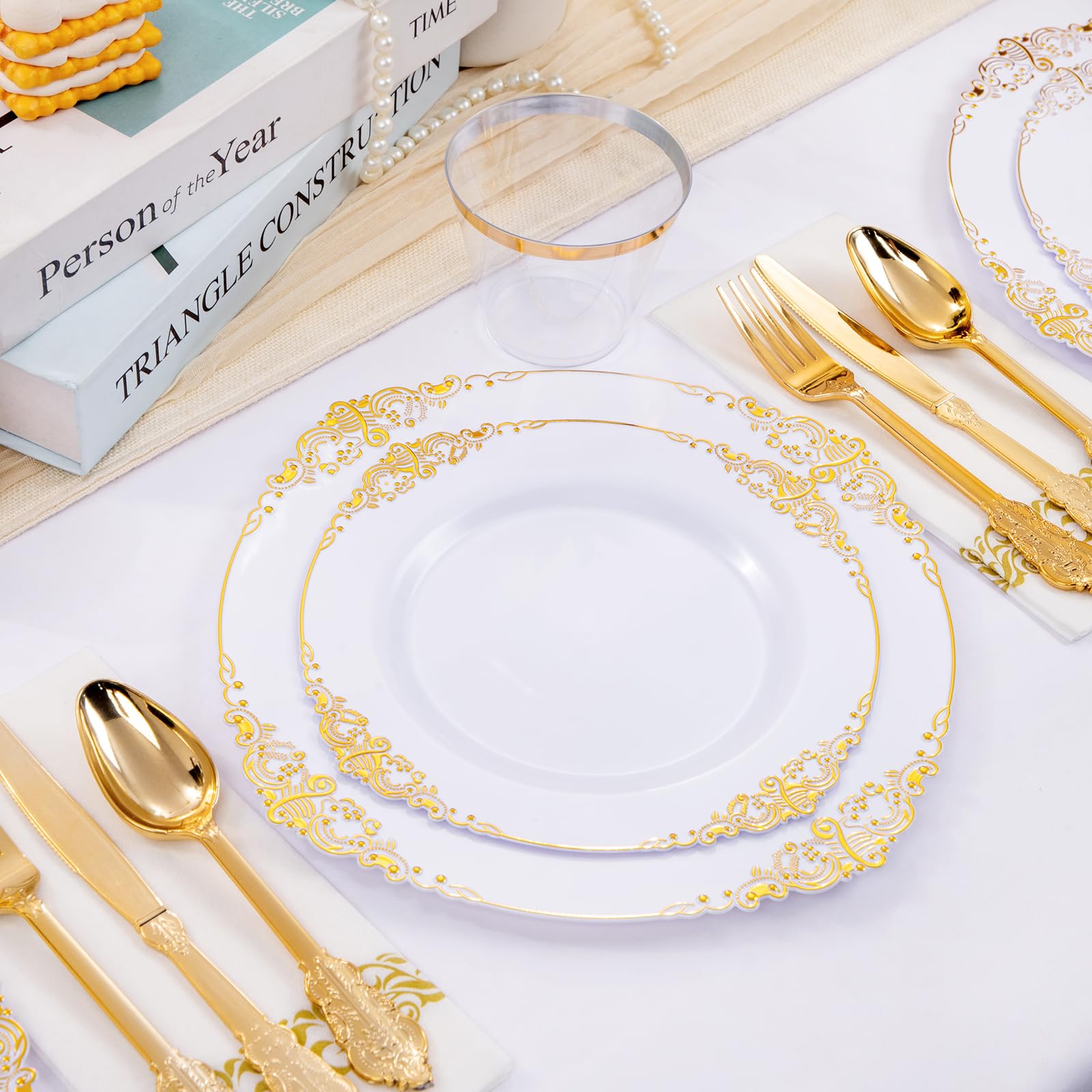 Hioasis 350-Piece White and Gold Disposable Plastic Dinnerware Set - 50 Dinner Plates, 50 Dessert Plates, 50 Forks, 50 Spoons, 50 Knives, 50 Cups & 50 Napkins - Elegant Party Supplies for Weddings, Birthdays & Events