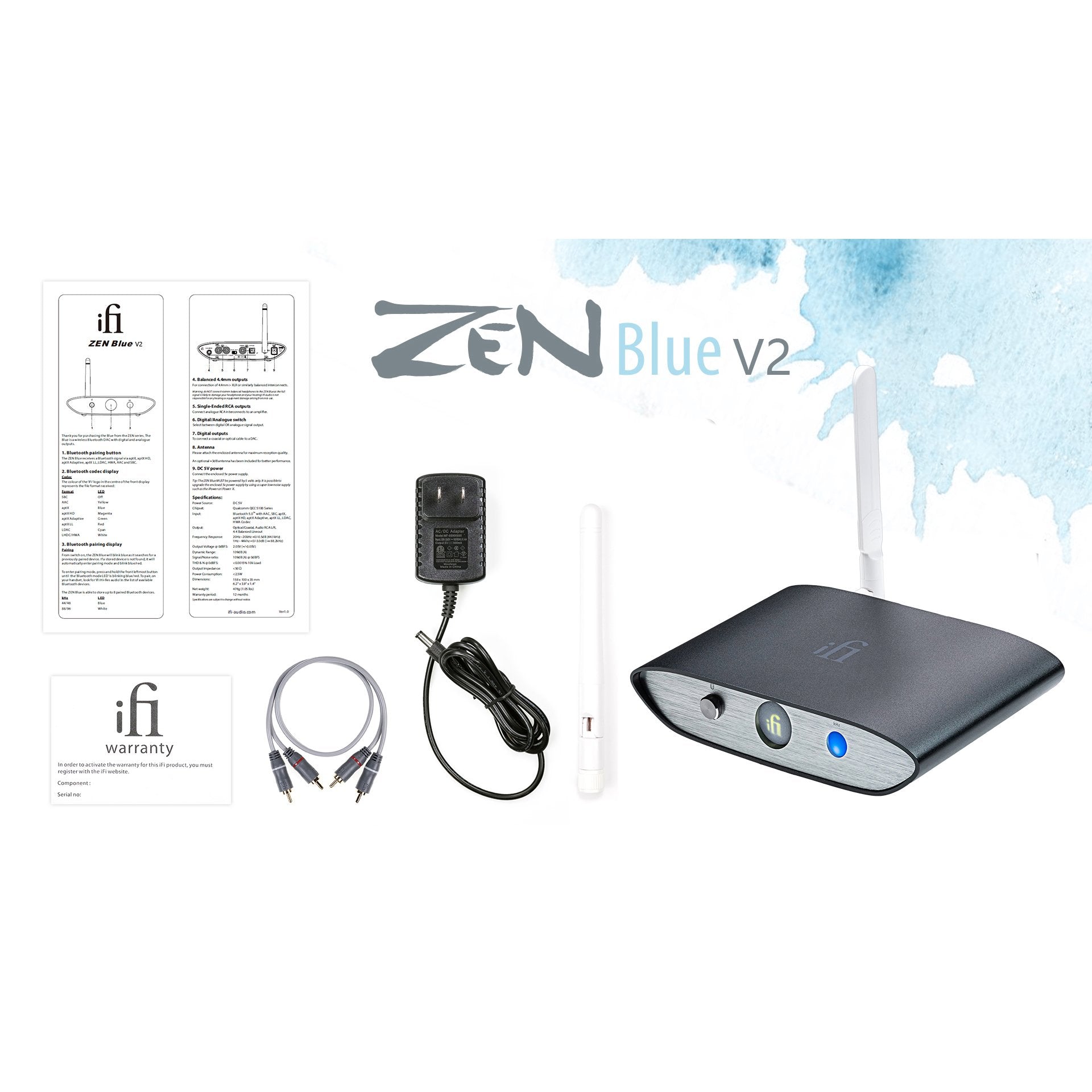 iFi ZEN Blue V2 Hi-Res Bluetooth DAC & Headphone Amplifier - Wireless Audio Receiver for Home, Office, and Audiophile Listening (Open Box)