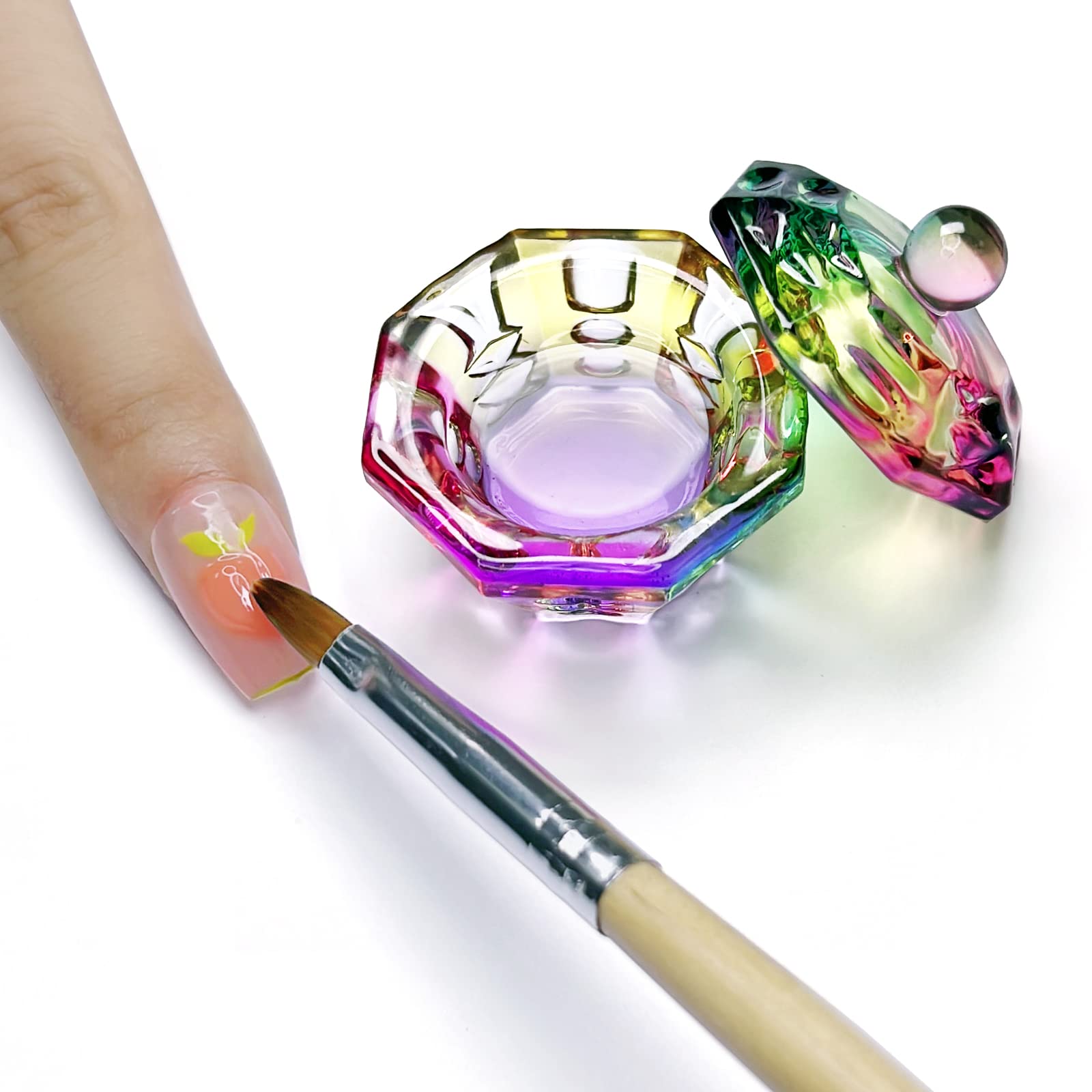 Crystal Rainbow Glass Dappen Dish with Lid for Acrylic Nails - Octagon Shaped Nail Liquid & Powder Glassware Bowl (YSHJB007) | Perfect for Nail Art, Salon Use & DIY Manicures