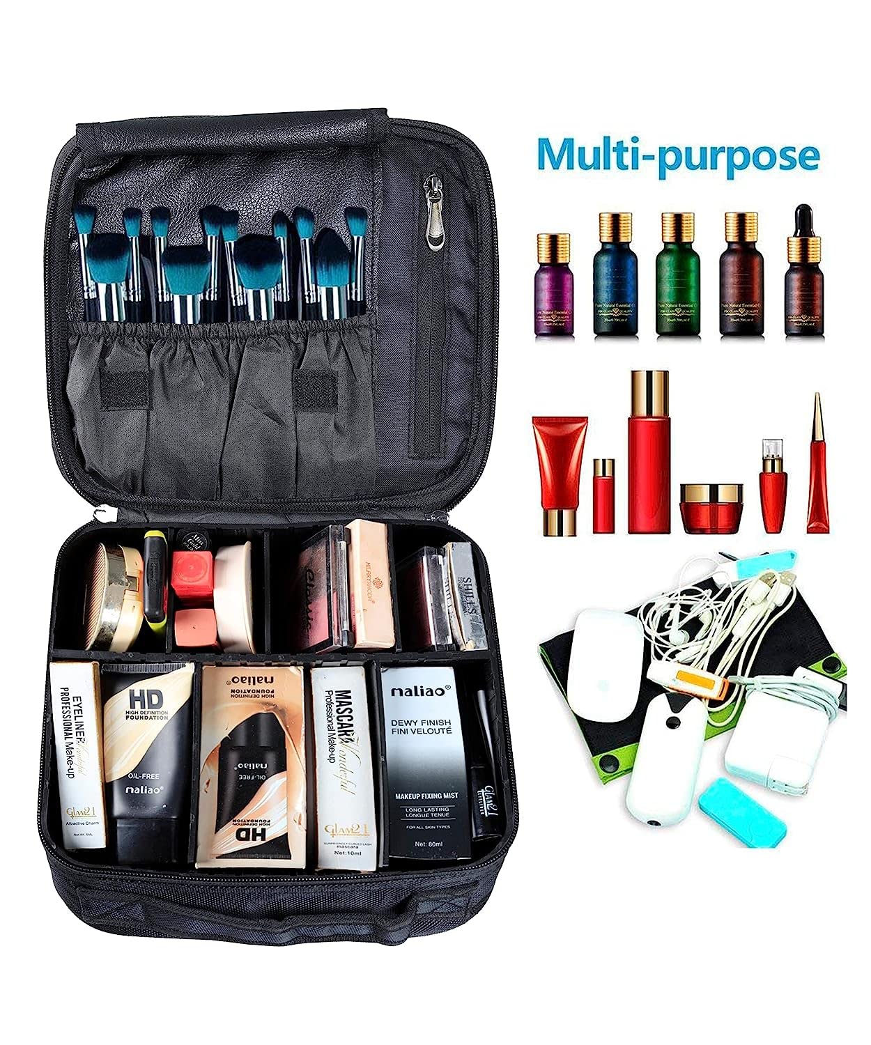 Professional Nylon Cosmetic Makeup Kit Organizer - Adjustable Compartment Travel Toiletry Vanity Bag for Cosmetics, Makeup Brushes, Jewelry & Digital Accessories | Perfect for Travel, Home Storage & Salon Use (Black)