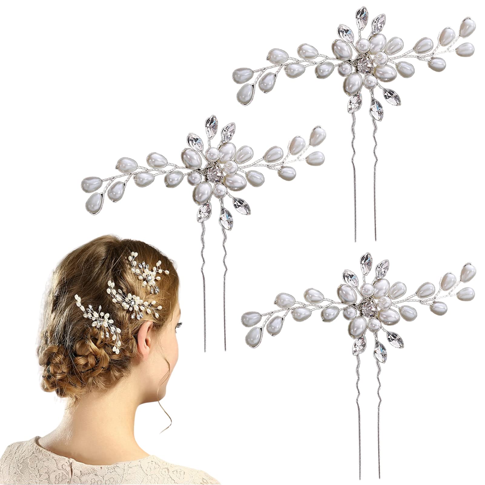 3 PCS SONGQEE Pearl Flower Crystal Bridal Hair Pins - Rhinestone Wedding Hair Clips for Bride & Bridesmaids, Bobby Pins & Headpiece Accessories (Perfect for Weddings, Prom, Parties & Special Occasions)