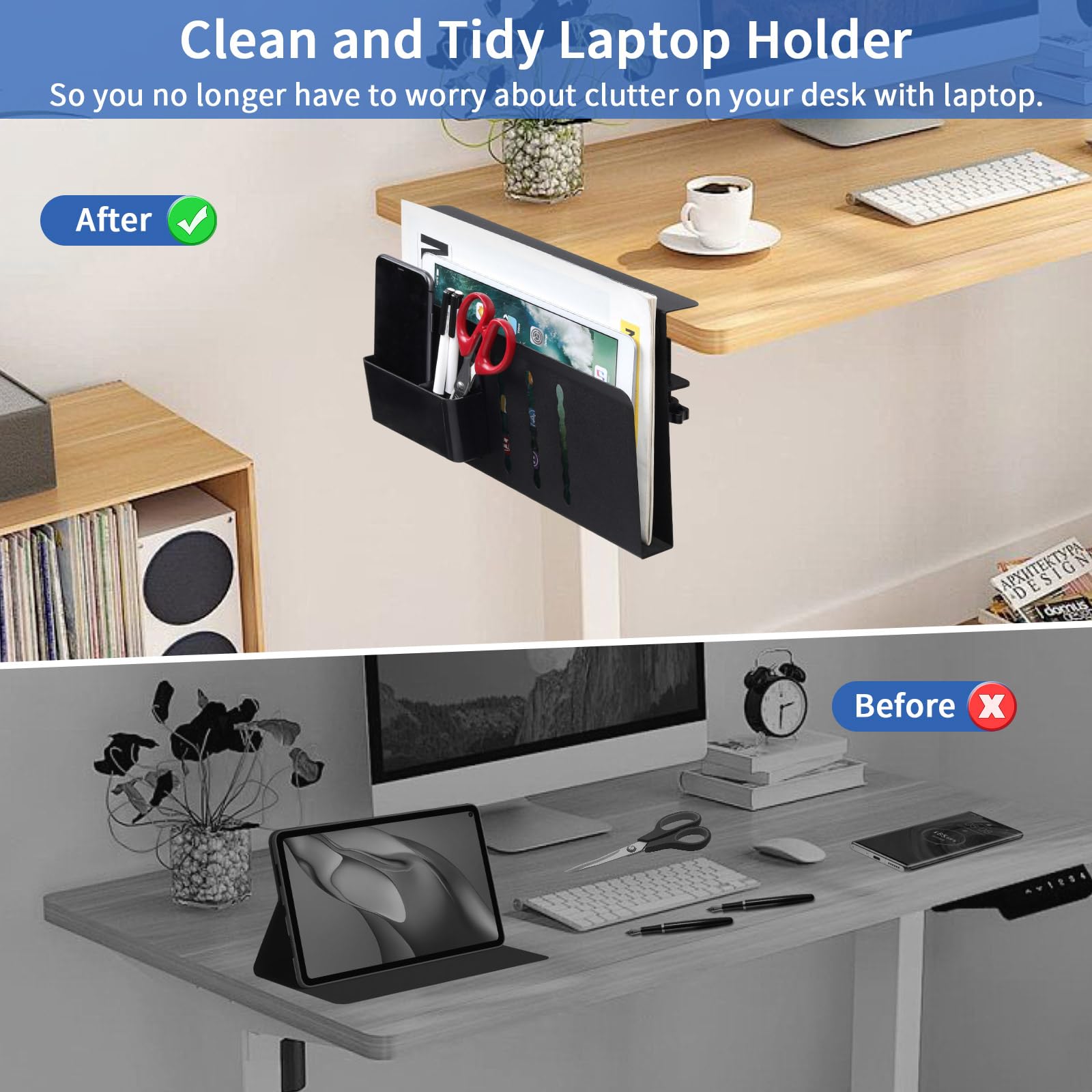 LUKETURE Steel Desk Side Organizer - No Drill Laptop Holder & Clamp-On Mount with Pen Storage, Fits Flat Edge Tables 0.3