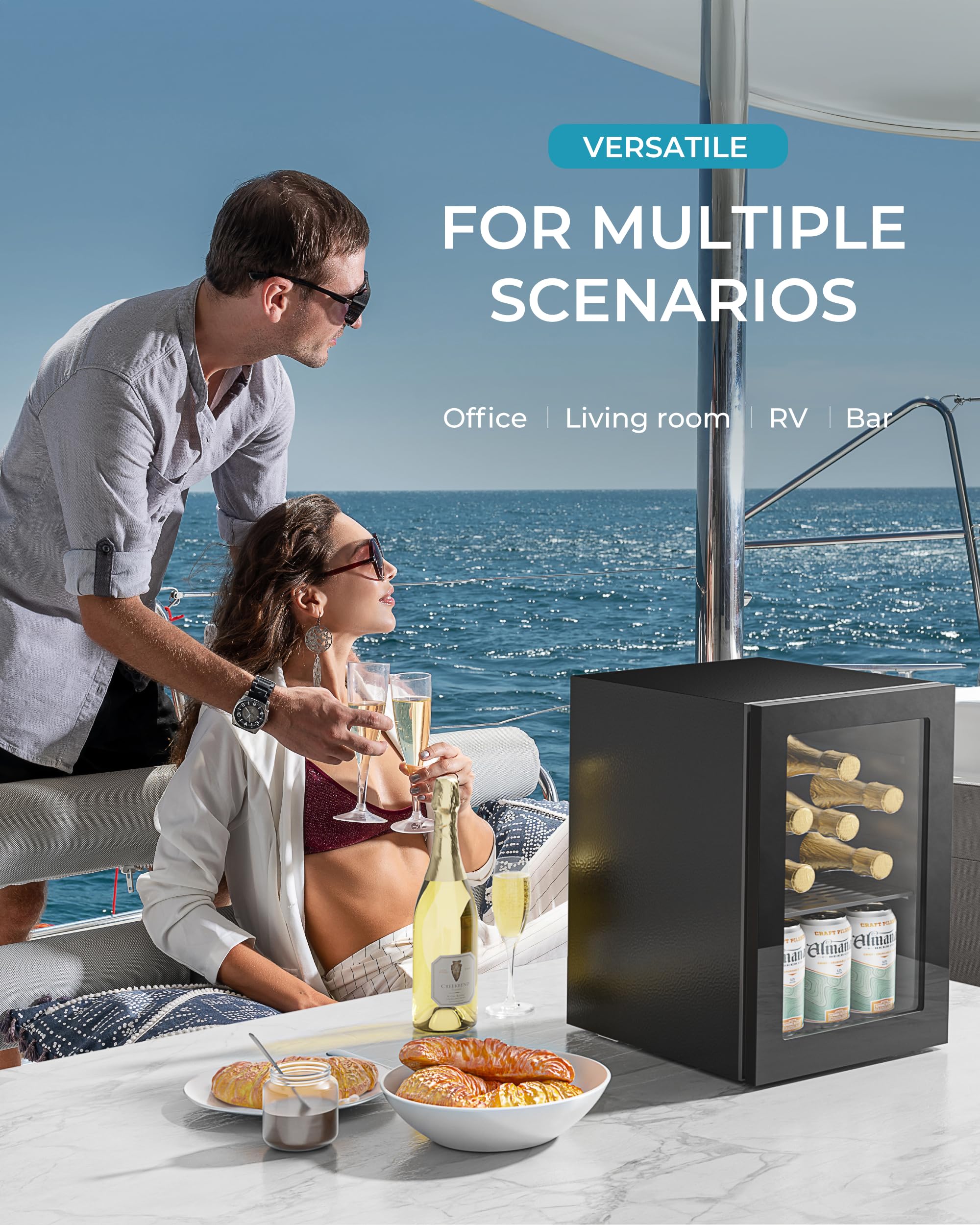 EUHOMY 6 Bottle & 6 Can Countertop Wine Cooler Refrigerator with Glass Door - 37°F-57°F Adjustable Temperature, Advanced Cooling Technology, Removable Shelves for Home, Kitchen, Office | Perfect for Storing Wine, Beer, and Beverages in Small Spaces