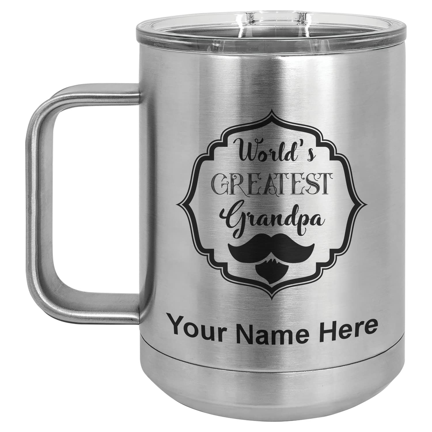 LaserGram 15oz Vacuum Insulated Stainless Steel Coffee Mug - Personalized Engraving Gift for World's Greatest Grandpa - Keeps Drinks Hot/Cold for Hours - Perfect for Outdoor, Office & Travel Use