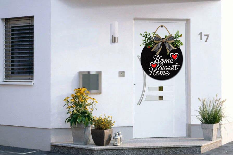 Farmhouse Style Round Wooden Wreath with Artificial Leaves & Rustic Beads - All Seasons Front Porch Decor, Housewarming Gift, Home Sweet Home Sign - Perfect for Porch, Door, Wall & Farmhouse Decor