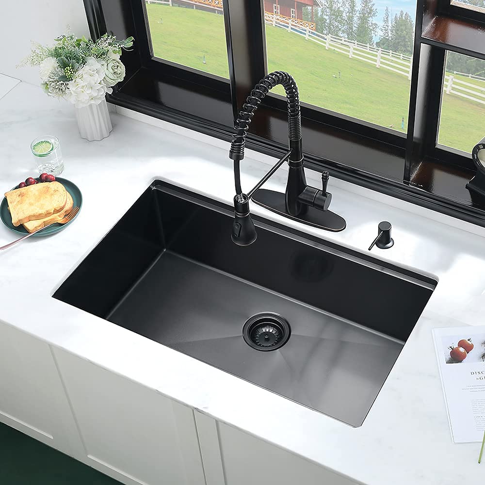 32x19 Inch Undermount Stainless Steel Kitchen Sink Workstation - 16 Gauge Deep Single Bowl Black Sink with Cutting Board | Perfect for Modern Kitchens & Food Prep Stations