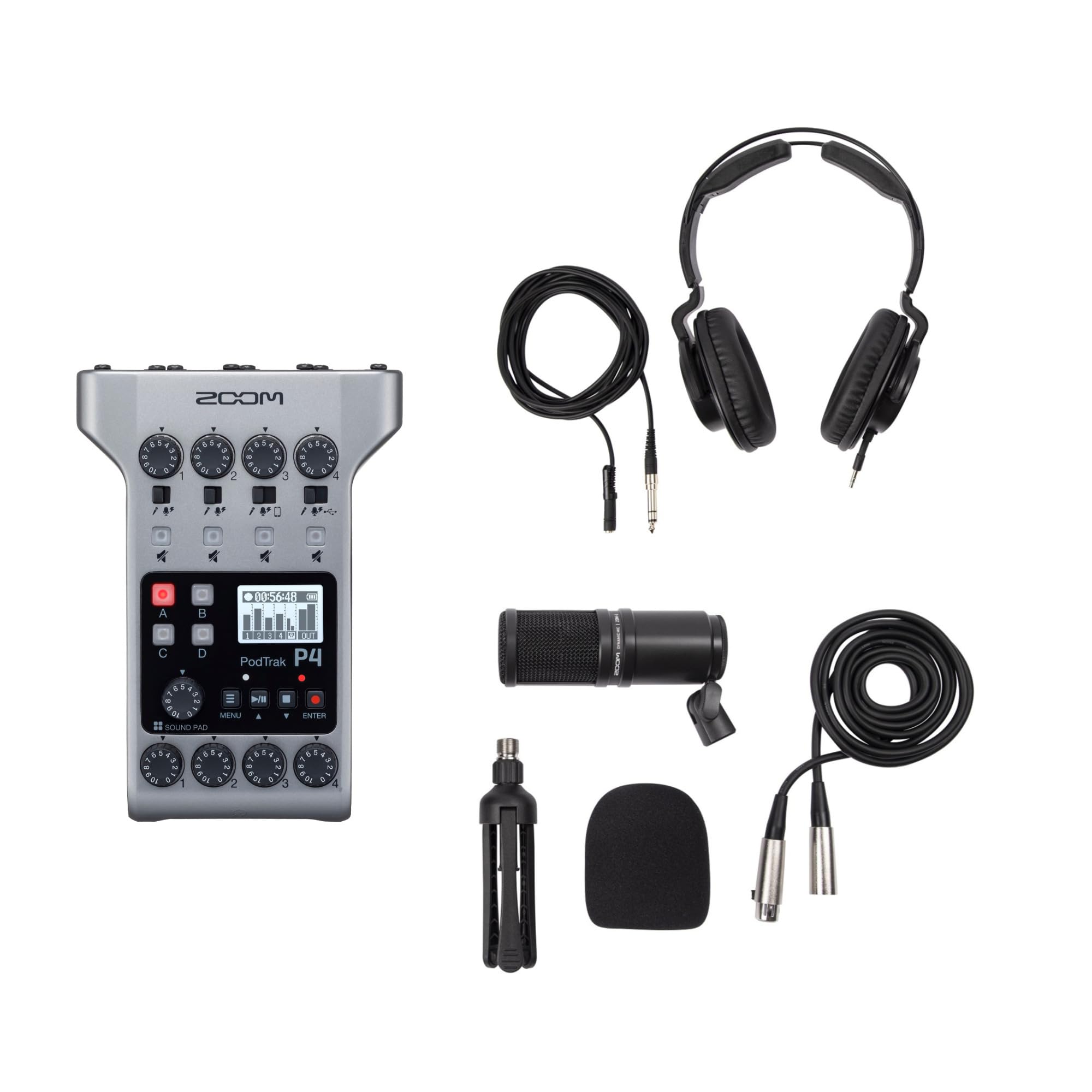 Zoom PodTrak P4 Portable 4-Track Podcast Recorder with ZDM-1 Mic Bundle - Professional Podcasting Kit for Home Studio & On-the-Go Recording (Perfect for Interviews, Voiceovers & Content Creation)