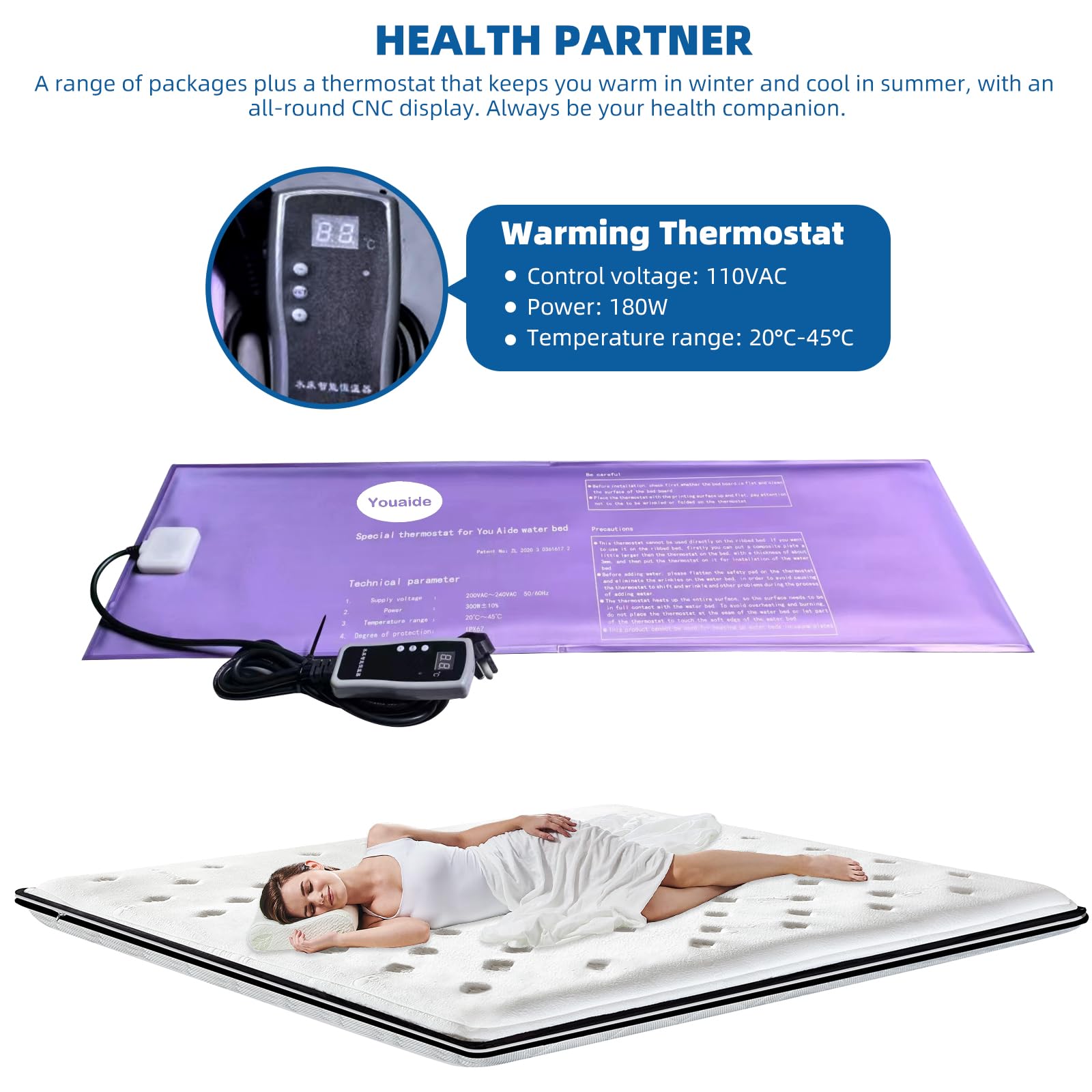 Premium PVC Softside Free Flow Full Water Bed Mattress with Smart Thermostat - King Size Waterbed with Fill & Drain Kit, Foldable Design for Adults & Elderly - Perfect for Home, Guest Room, and Therapeutic Use