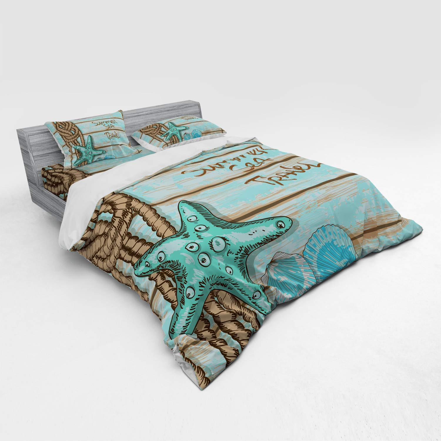Ambesonne Starfish Duvet Cover Set - 3 Piece King Size Bedding Set with Pillow Sham & Fitted Sheet, Mint Green Turquoise Ocean Theme - Perfect for Summer Beach House Decor, Coastal Bedroom Style & Nautical Themed Guest Rooms