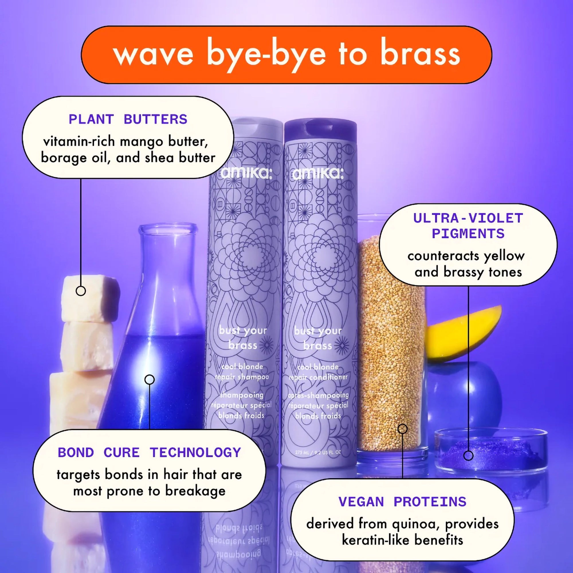 Amika Bust Your Brass Cool Blonde Shampoo & Conditioner Set - 9.2oz Purple Toning Duo for Blonde Hair ($52 Value) | Neutralizes Brassiness & Enhances Cool Tones for Salon-Quality Blonde Hair at Home