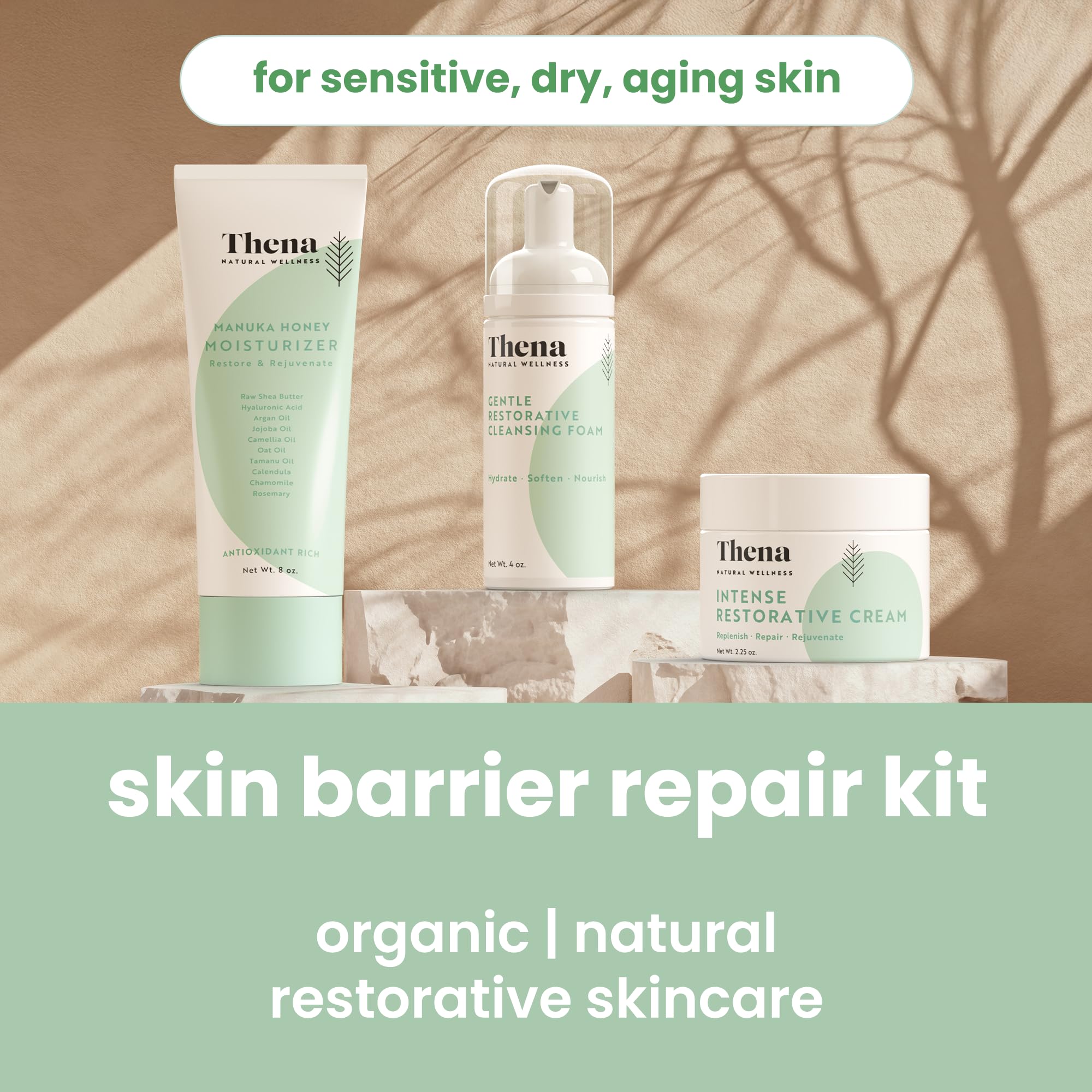 Thena RESTORE Face & Body Skin Care Set - Manuka Honey Facial Cleanser, Moisturizing Cream & Body Lotion - Repair & Nourish Skin Barrier - Natural Organic Anti-Aging Skincare for Women & Men - Perfect for Daily Hydration & Nighttime Repair Routine