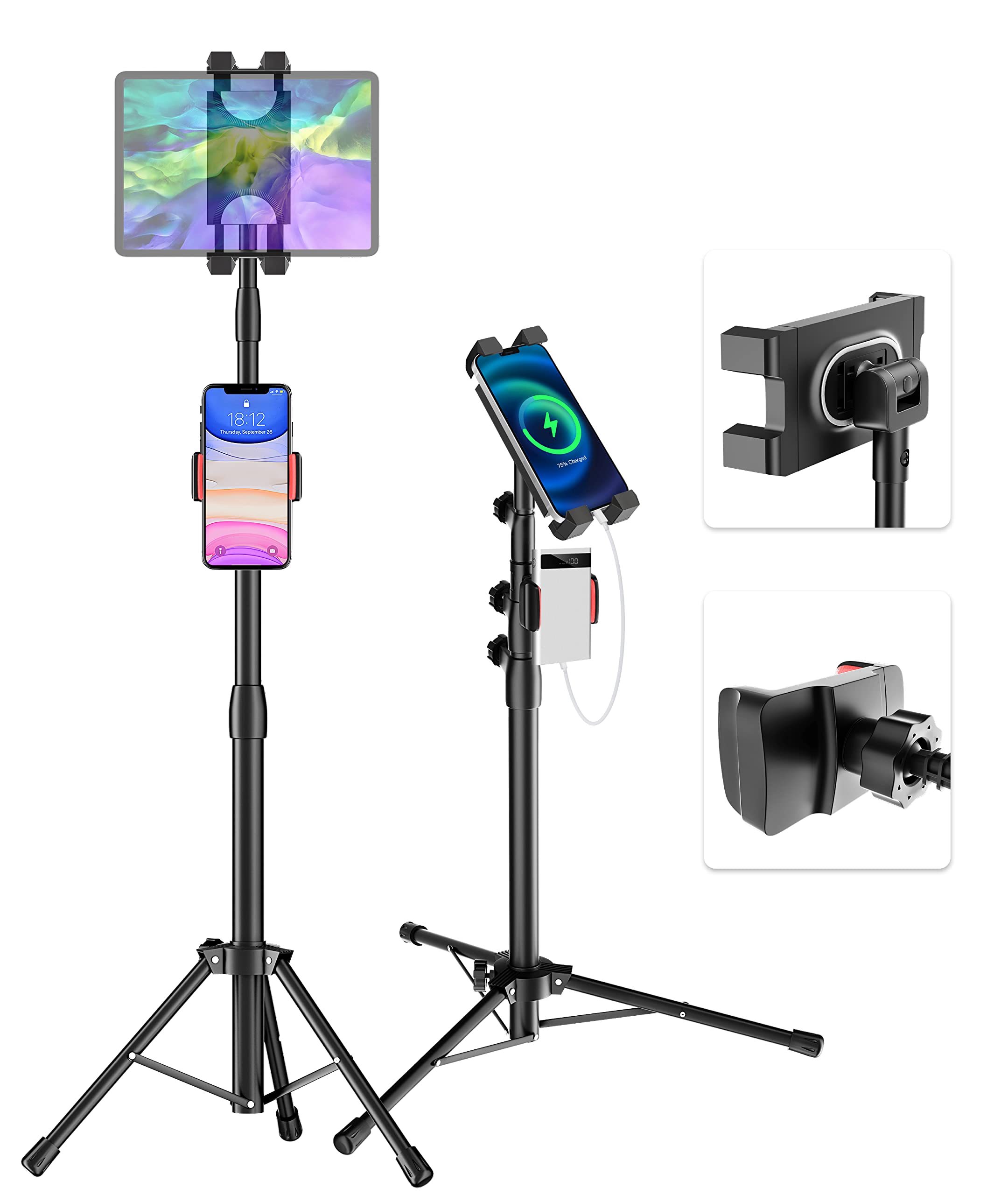 Adjustable iPad Tripod Stand with 2 Holders - Compatible with iPad Pro 12.9/11/10.5/9.7, iPad Air, iPad Mini 6/5/4/3/2, Samsung Tab, Nintendo Switch & All 4-13 Inch Tablets & Phones - Perfect for Home Office, Video Calls, Streaming & Photography
