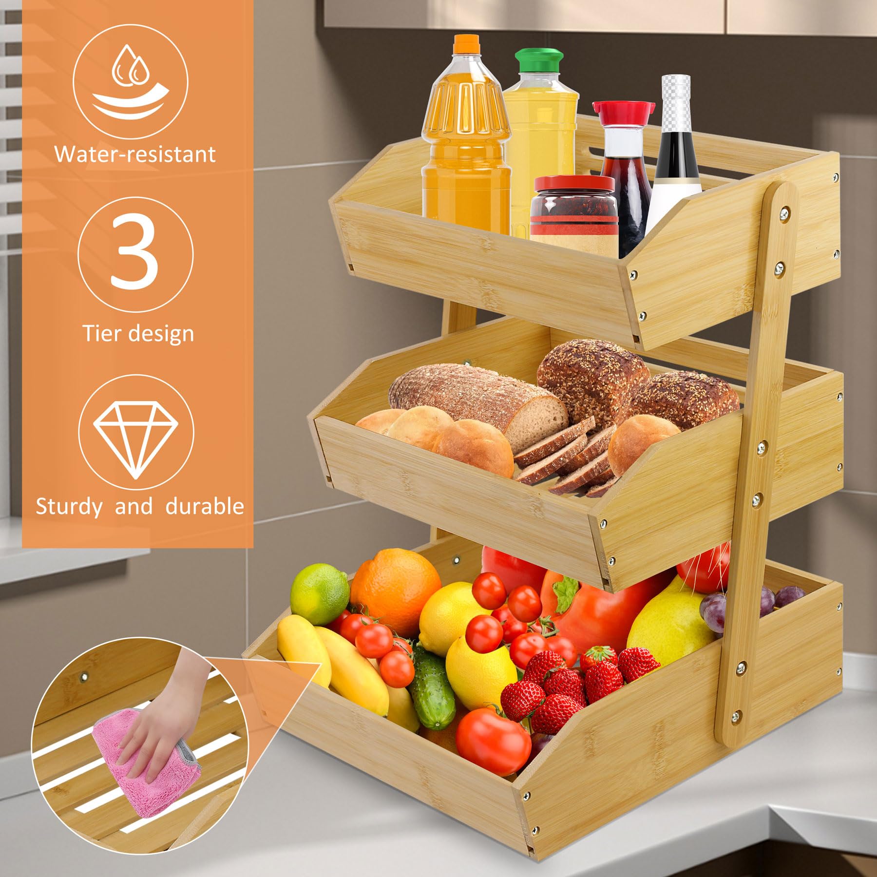 3-Tier Bamboo Fruit Basket Stand for Kitchen Counter - Large Fruit & Vegetable Storage Bowl, Display Rack for Fresh Produce - Perfect for Kitchen Organization, Pantry Storage & Healthy Snack Display
