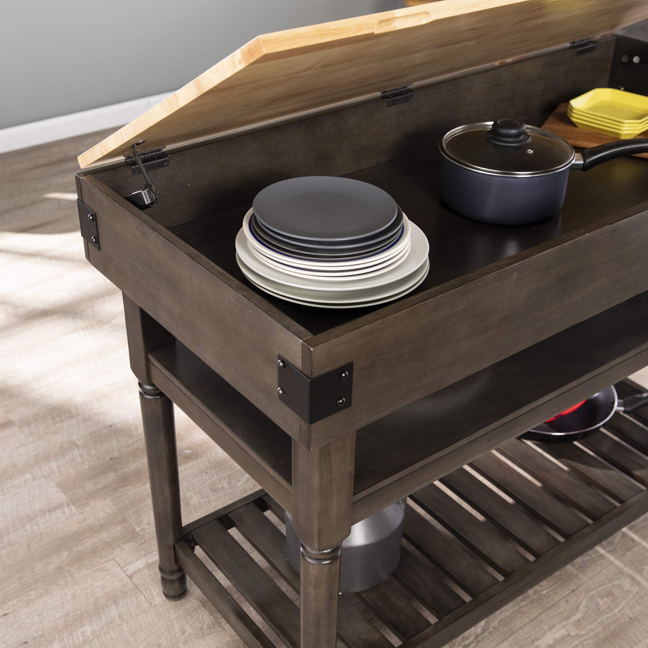 SEI Furniture Waysmere Kitchen Island with Storage - Smoked Ash Finish, Natural Wood Countertop - Perfect for Small Kitchens, Breakfast Bars & Extra Counter Space