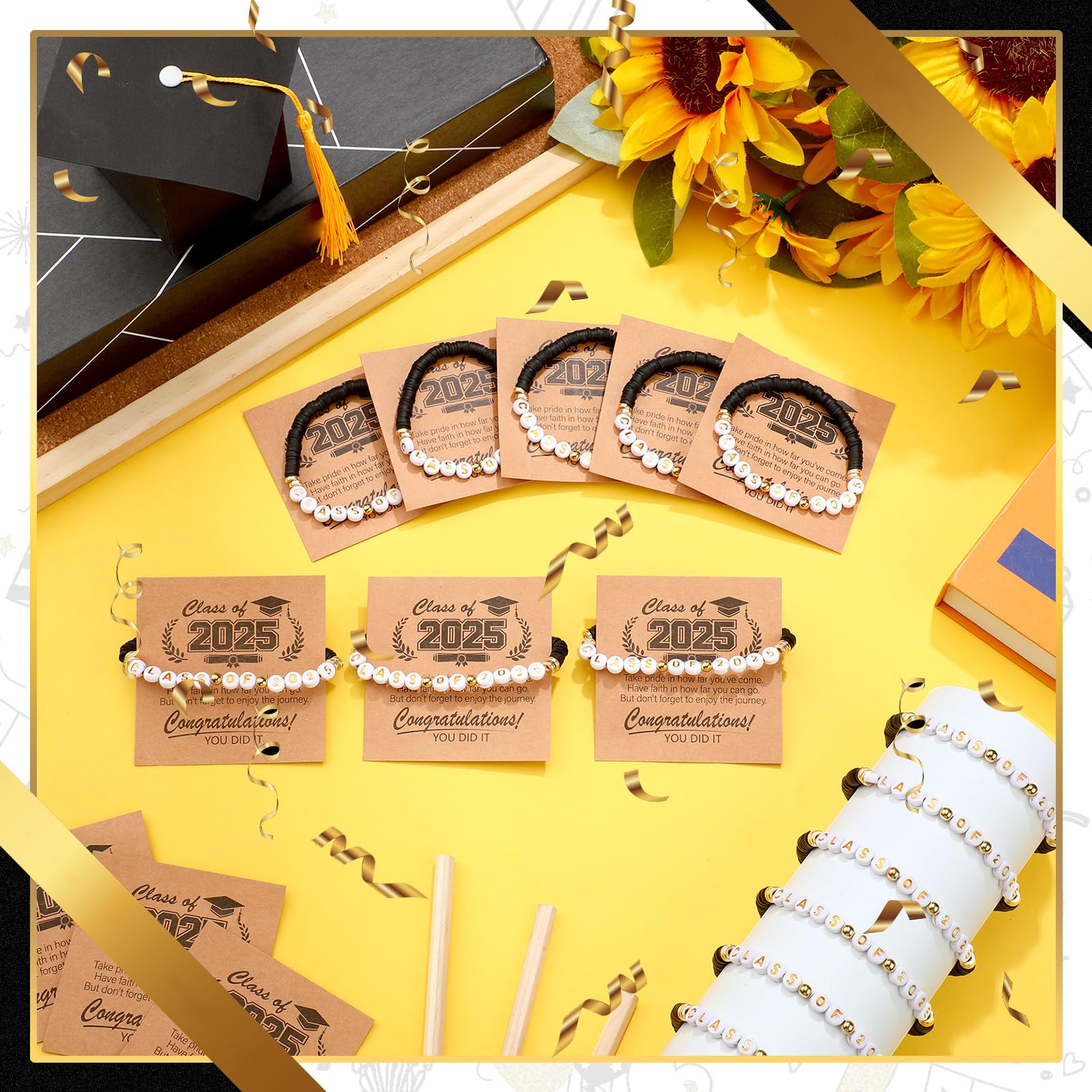 20 Pack Black Class of 2025 Graduation Bracelets - Bulk Prom Gifts for Seniors, College Graduation Party Favors, Senior Night Souvenirs with 20 Matching Congratulations Cards - Perfect for High School & College Graduation Celebrations