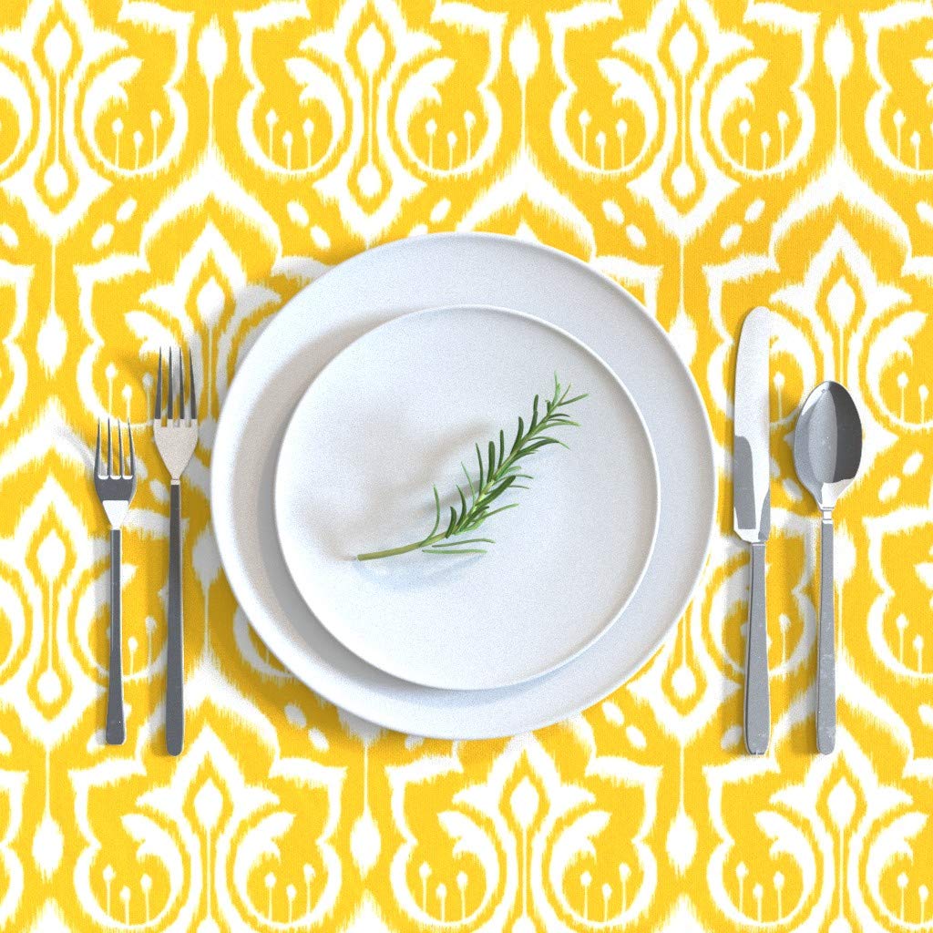 Custom Ikat Damask Golden Yellow Cotton Sateen Tablecloth 70