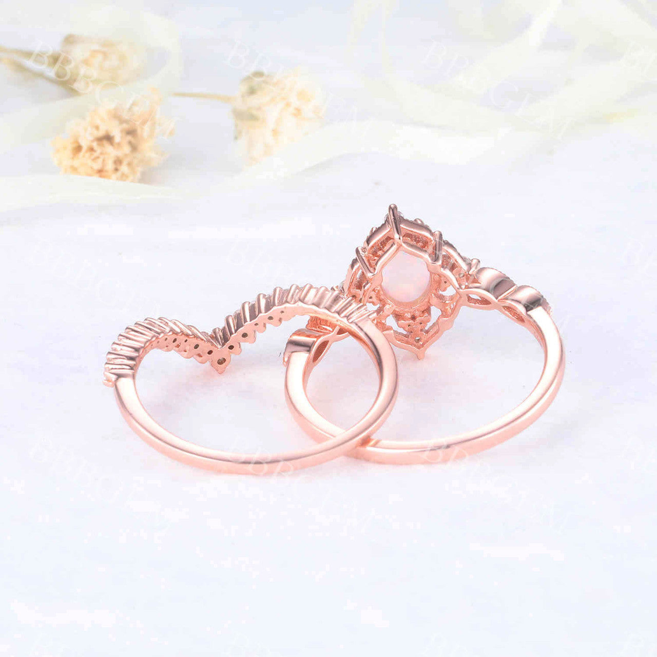 Antique Art Deco Moonstone Engagement Ring Set in Rose Gold - Oval Faceted Moonstone with Milgrain Detailing for Bridal & Wedding Jewelry | Perfect for Vintage-Inspired Proposals & Anniversary Gifts