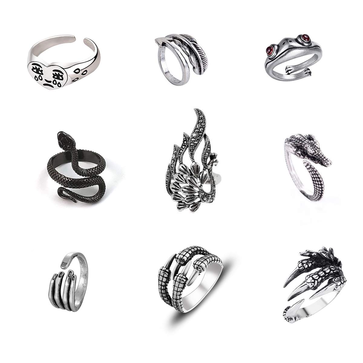 Vintage Adjustable Frog & Dragon Claw Rings Set - 9PCS Punk Gothic Grunge Jewelry for Women, Men & Teens | Perfect for Halloween, Cosplay & Alternative Fashion