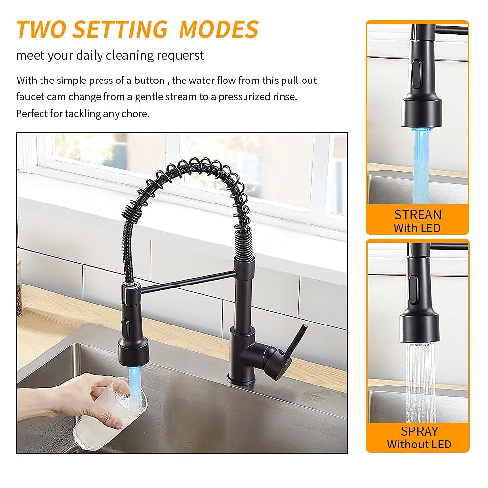 OWOFAN Matte Black LED Light Kitchen Sink Faucet with Pull Down Sprayer and Soap Dispenser - Modern Touchless Water Saving Faucet for Home, Restaurant & Commercial Use