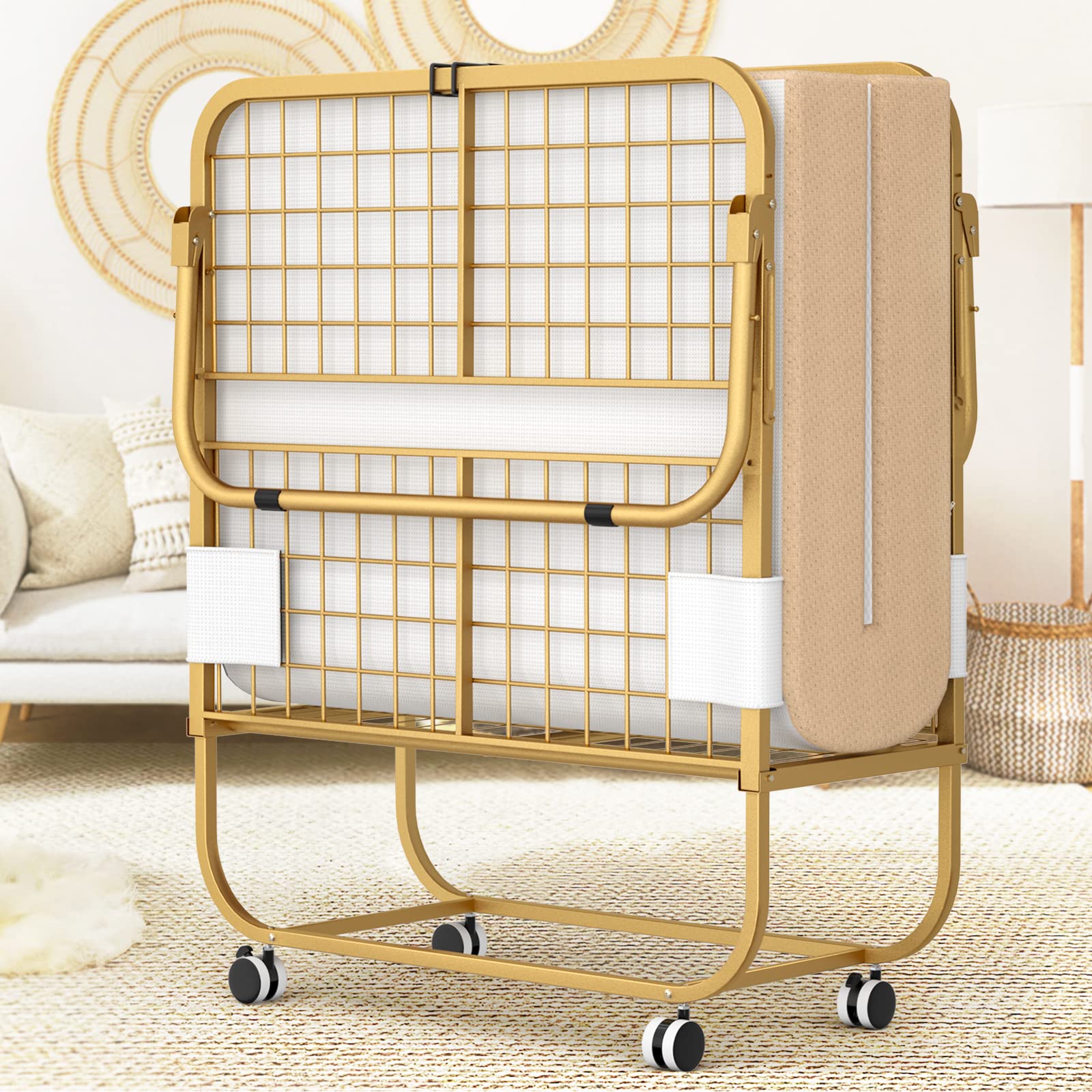 Homieasy Folding Bed with Memory Foam Mattress - Portable Rollaway Guest Bed for Adults, 75” x 31” Cot Size with Metal Frame & Storage Cover - Gold Luxury Wheels | Perfect for Spare Rooms, Camping & Office Naps