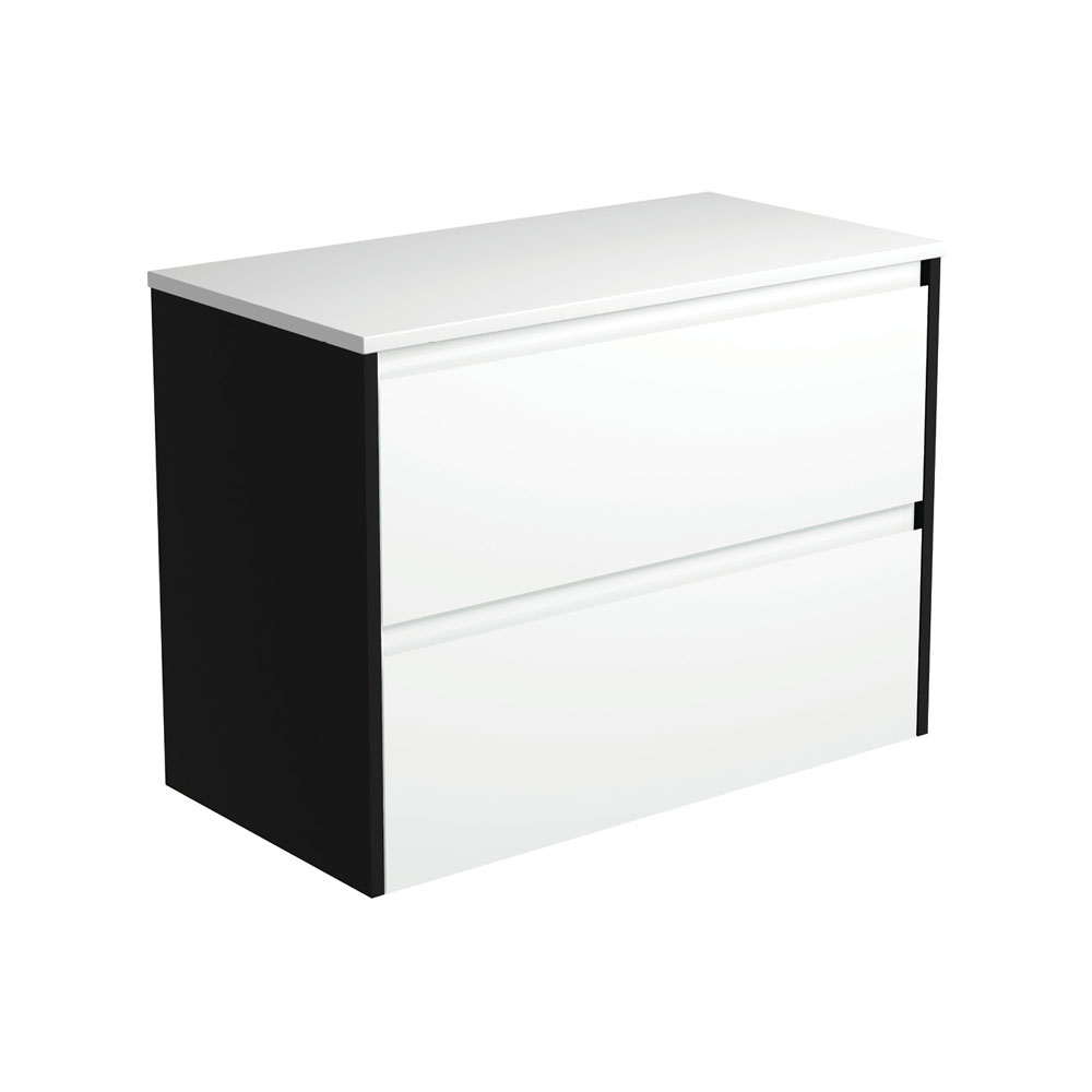 Fienza 90BWB Amato 900 Wall Mounted Bathroom Vanity Cabinet - Satin Black & White Finish - Modern Floating Design for Small Spaces - Perfect for Bathroom, Powder Room or Laundry Room Storage
