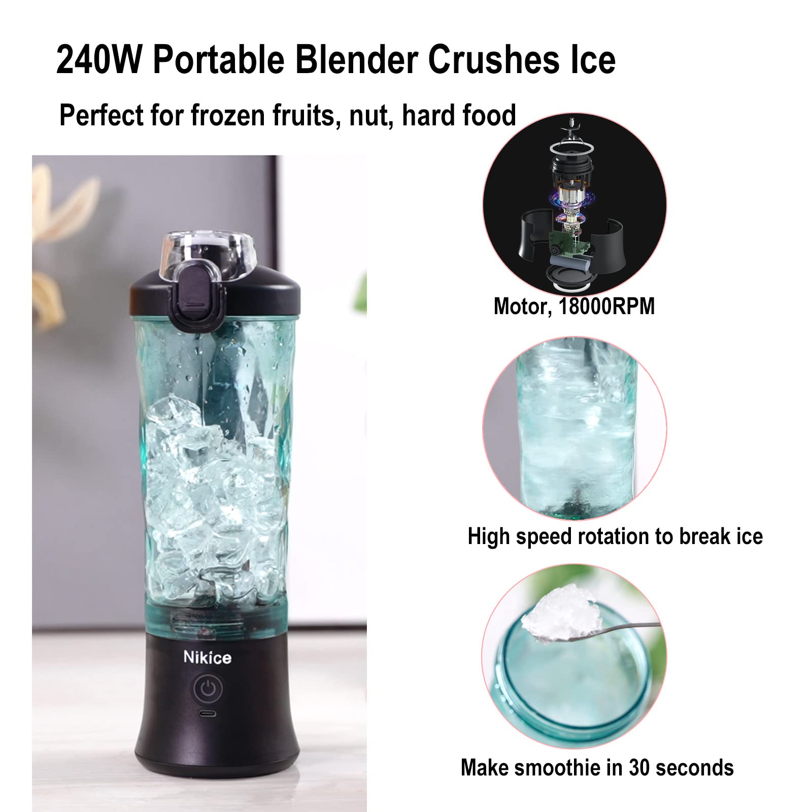 Nikece Portable Blender - 20oz USB Rechargeable Personal Blender for Smoothies, Shakes & Ice Crushing, BPA-Free & Waterproof (Black) | Perfect for Gym, Travel & Healthy On-The-Go Lifestyle