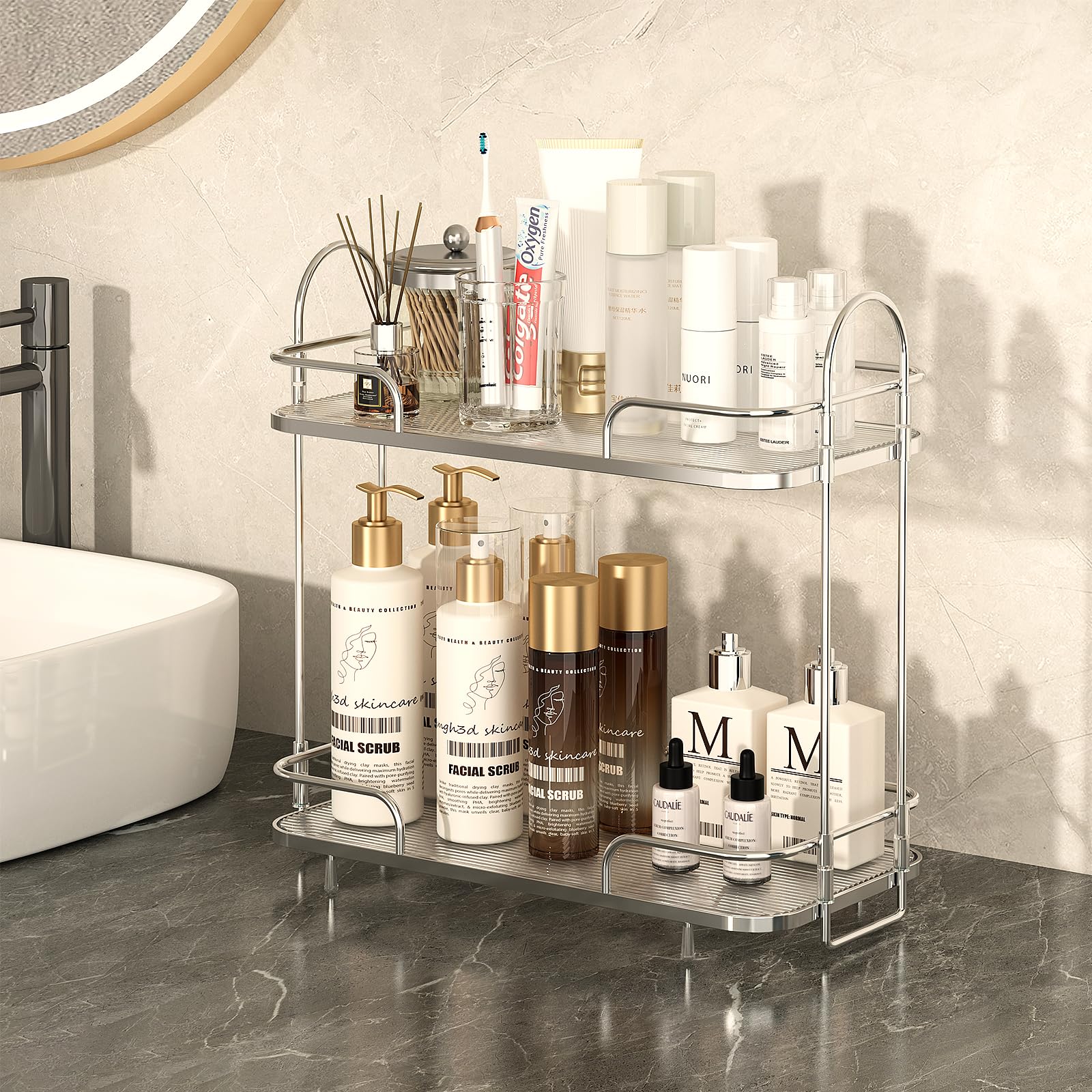 2-Tier Bathroom Counter Organizer - Silver Makeup & Skincare Vanity Organizer with Perfume Tray | Countertop Storage for Cosmetics, Jewelry & Toiletries | Perfect for Bathroom, Bedroom & Dressing Table Organization