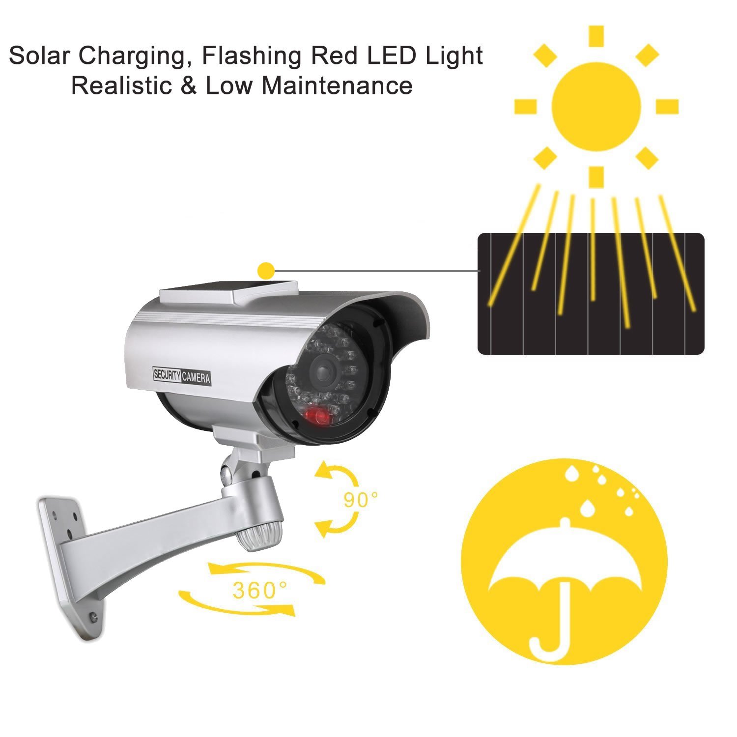 JUSTOP 4 Pack Fake Security Camera Outdoor Indoor Waterproof Dummy CCTV with Realistic LED Light - Solar & Battery Powered Silver - Ideal for Home, Office, and Business Surveillance