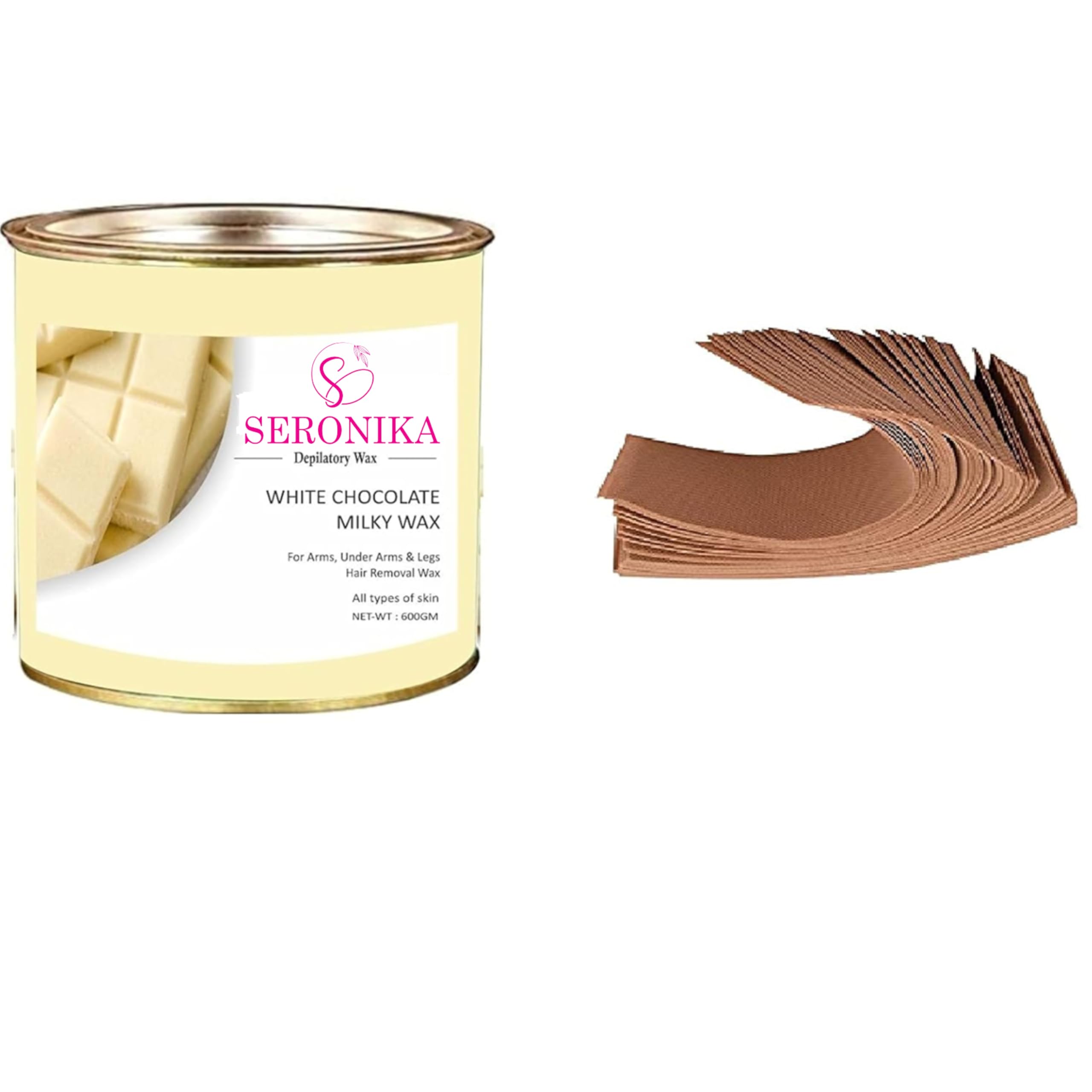 Seronika White Chocolate Hair Removal Hot Wax - 600g with Free 20 Waxing Strips | Chocolate Extract Formula | For Women & Men | All Skin Types | Ideal for Legs, Arms, Bikini & Facial Hair Removal at Home