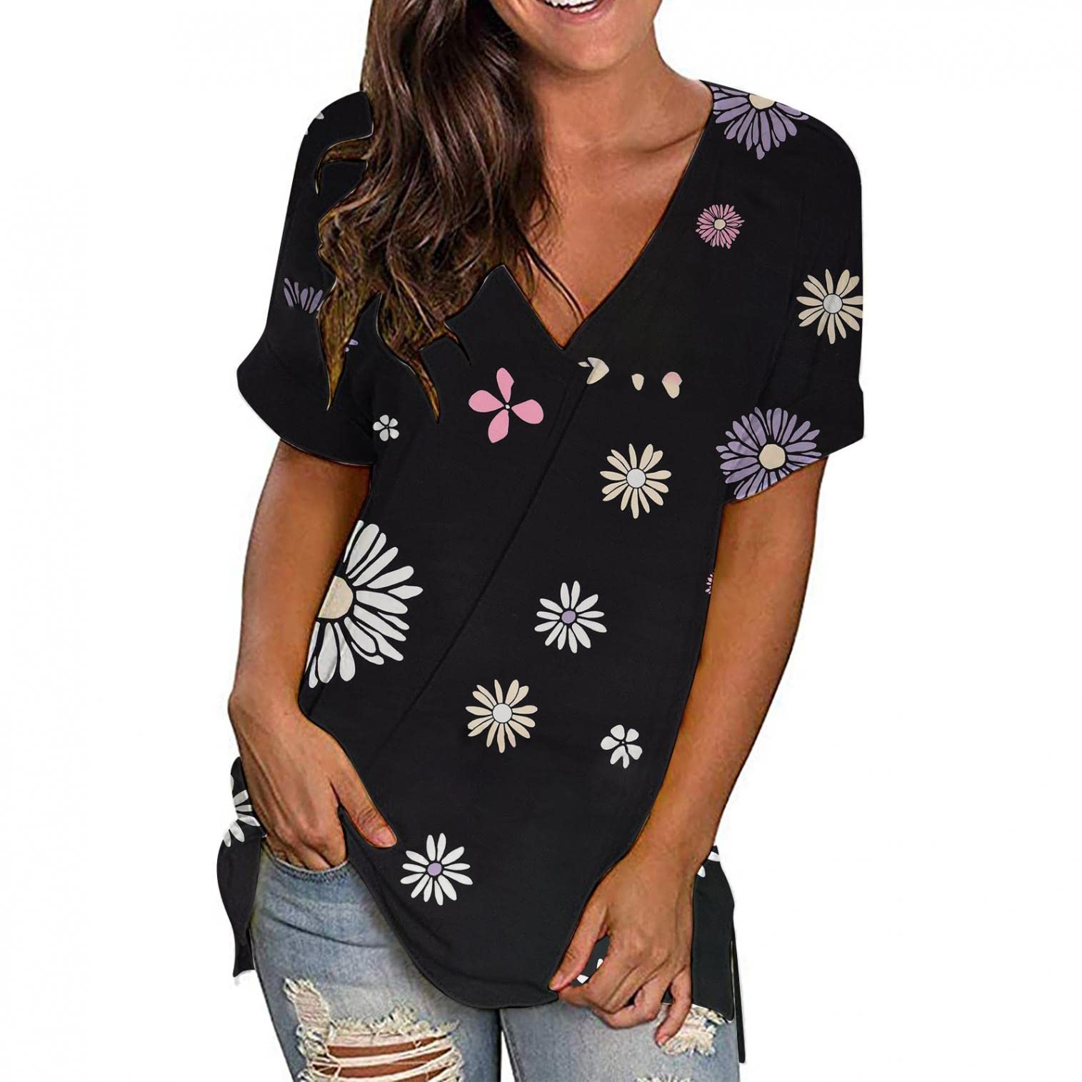 Women's Summer Short Sleeve V-Neck T-Shirts - Lace Casual Tops, Loose Comfort Fitting Blouse for Everyday Wear, Beach Outings & Vacation Outfits