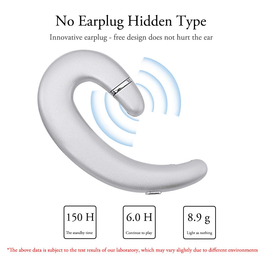 Wireless Bluetooth Headset with Ear Hook, Single Ear Headphone with Microphone & Noise Cancelling, Comfortable Pain-Free Design for iPhone 14/13/12/11/X/8 & Android Phones (Silver) - Perfect for Driving, Office Calls & Outdoor Activities