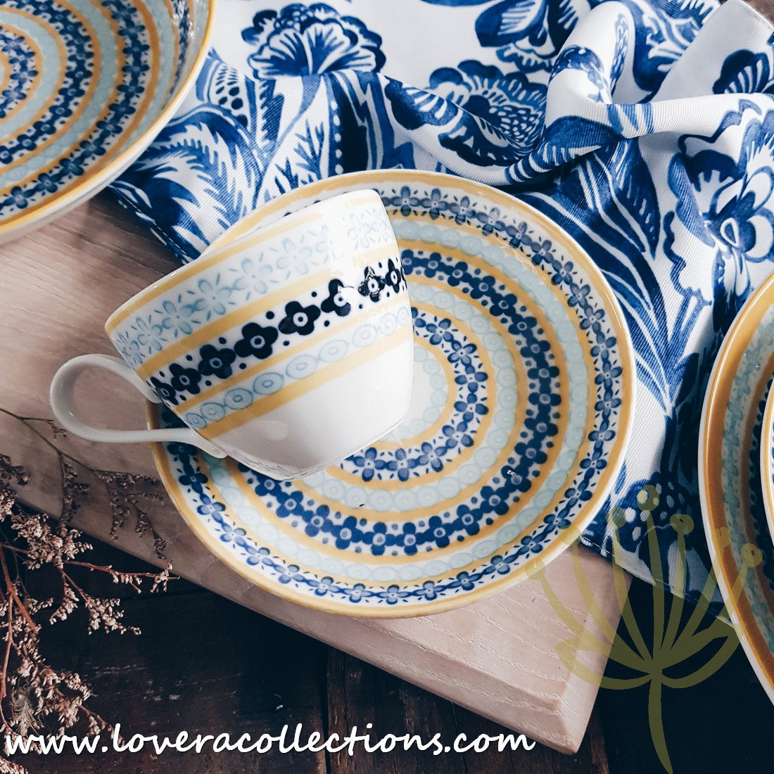 Awasaka Japan Blue & Yellow Floral Tea & Dinnerware Set - Elegant Japanese Ceramic Cups, Plates & Serving Dishes for Afternoon Tea, Dinner Parties & Home Decor