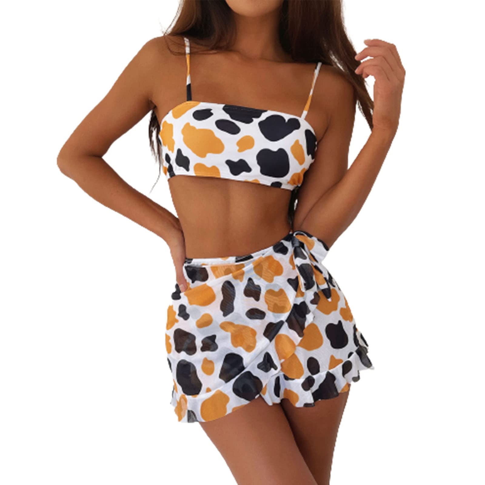 Cow Print Bikini Set for Women - High Waisted Ruffled Swimwear for Beach & Pool