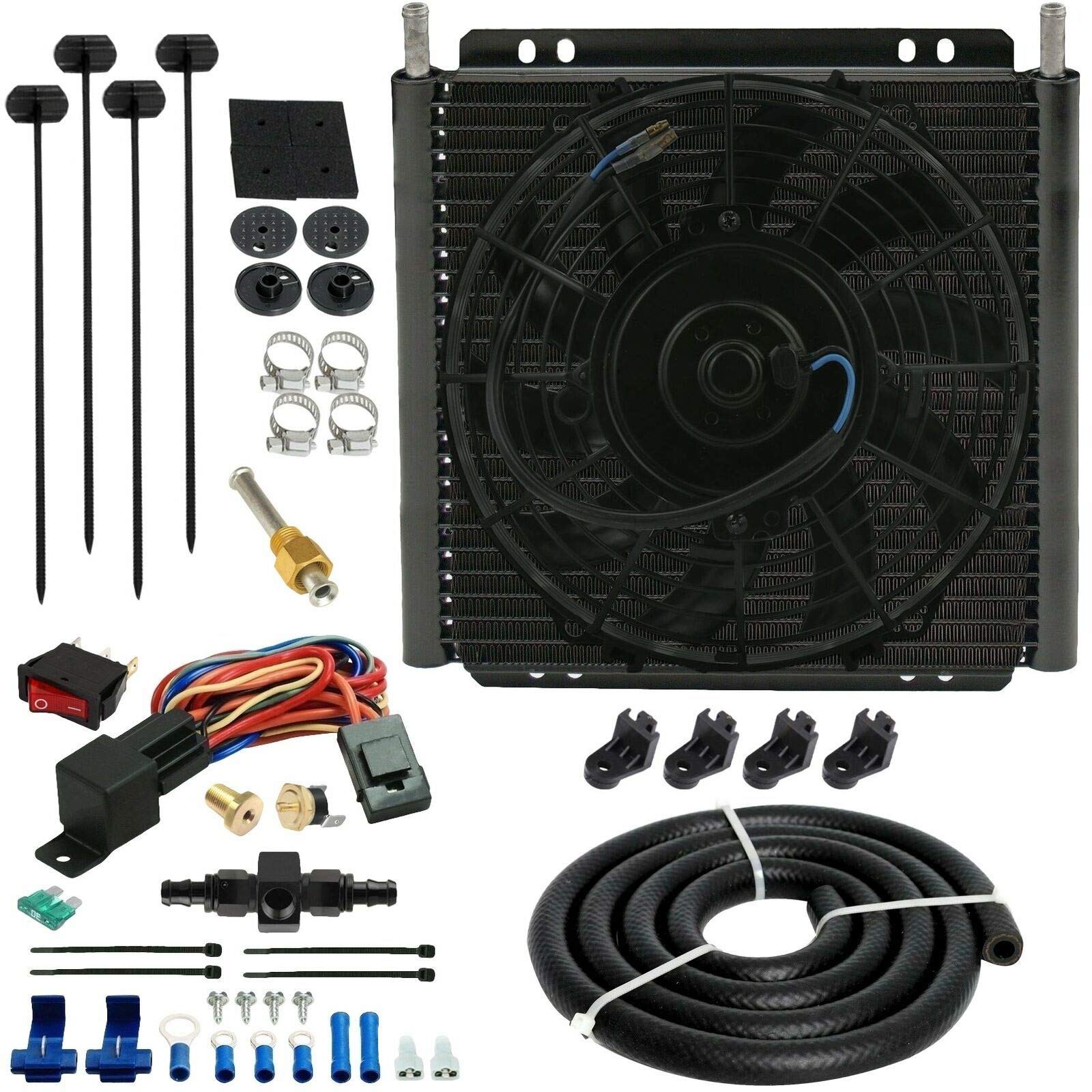 30 Row Engine Transmission Oil Cooler with Electric Fan - 6AN In-Line Hose End Fittings, 180°F Thermostat & Relay Wiring Kit - Perfect for High-Performance Vehicles, Racing, and Heavy-Duty Towing Applications