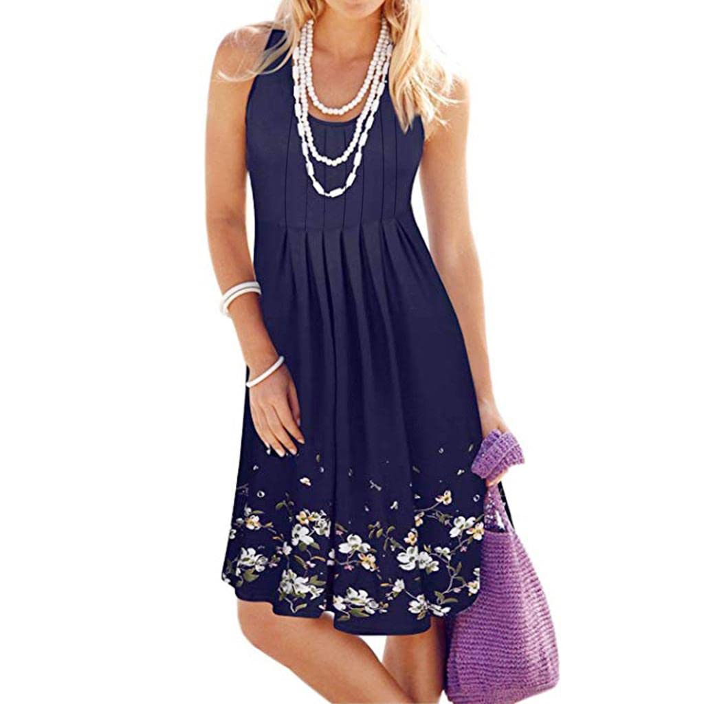 Women's Casual Summer Floral Print Beach Dress - Sleeveless Tank Knee Length Pleated Sundress for Vacation, Pool Party & Outdoor Activities