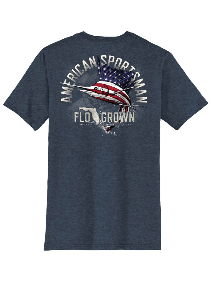 FloGrown FGM 1513 Men's American Sailfish Graphic T-Shirt - Heather Navy Blue Cotton Crewneck Tee for Casual Wear & Outdoor Activities