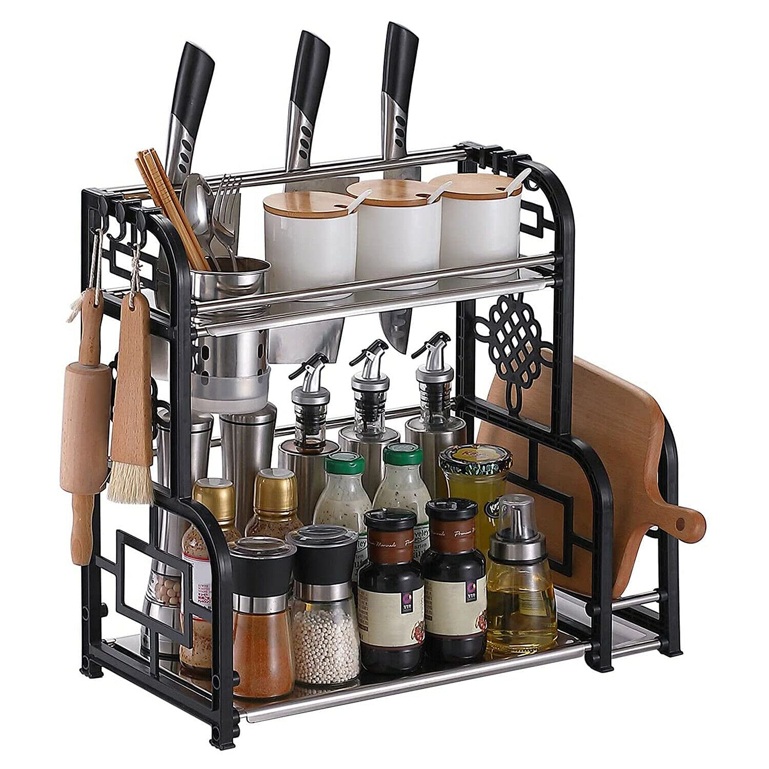 Premium 2-Tier Spice Rack Organizer with Glass Jars - Countertop Spice Storage Shelf for Kitchen Cabinet - Perfect for Organizing Spices, Herbs & Seasonings - Ideal for Home Chefs & Cooking Enthusiasts