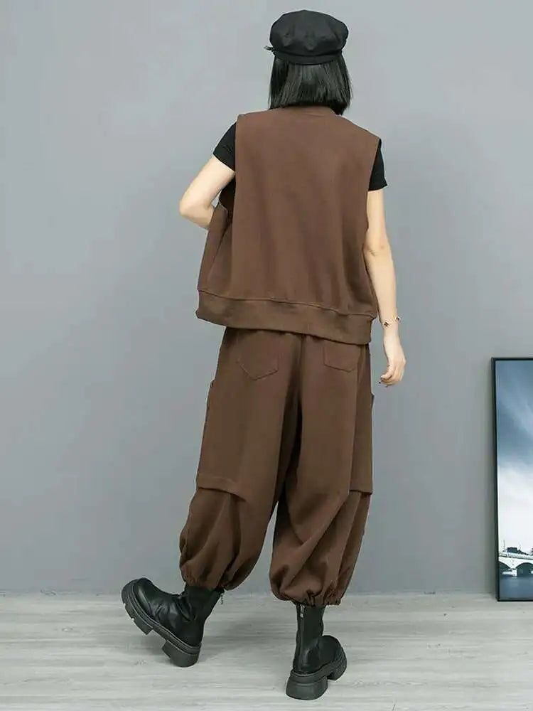 Big Size Coffee Vest & Wide Leg Pants Two-Piece Suit for Women - V-Neck Sleeveless Fashion Set for Spring/Autumn 2025 (1DH8108) | Office Wear, Casual Outfit & Special Occasion