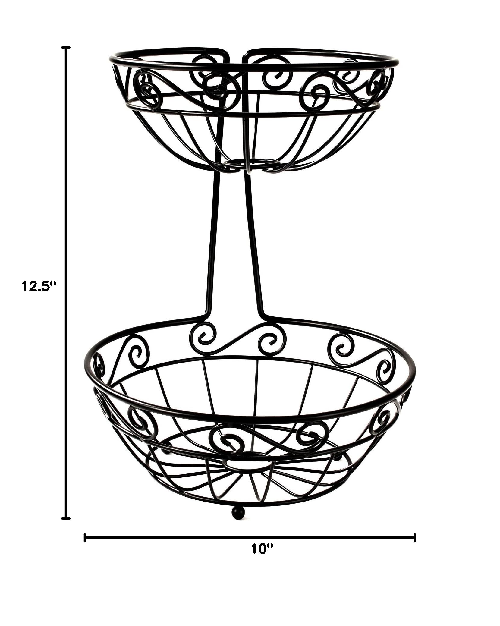 2-Tier Black Spectrum Scroll Fruit Stand - Kitchen Counter Organizer for Fruits, Vegetables & Food Storage | Perfect for Pantry, Dining Table & Small Space Organization