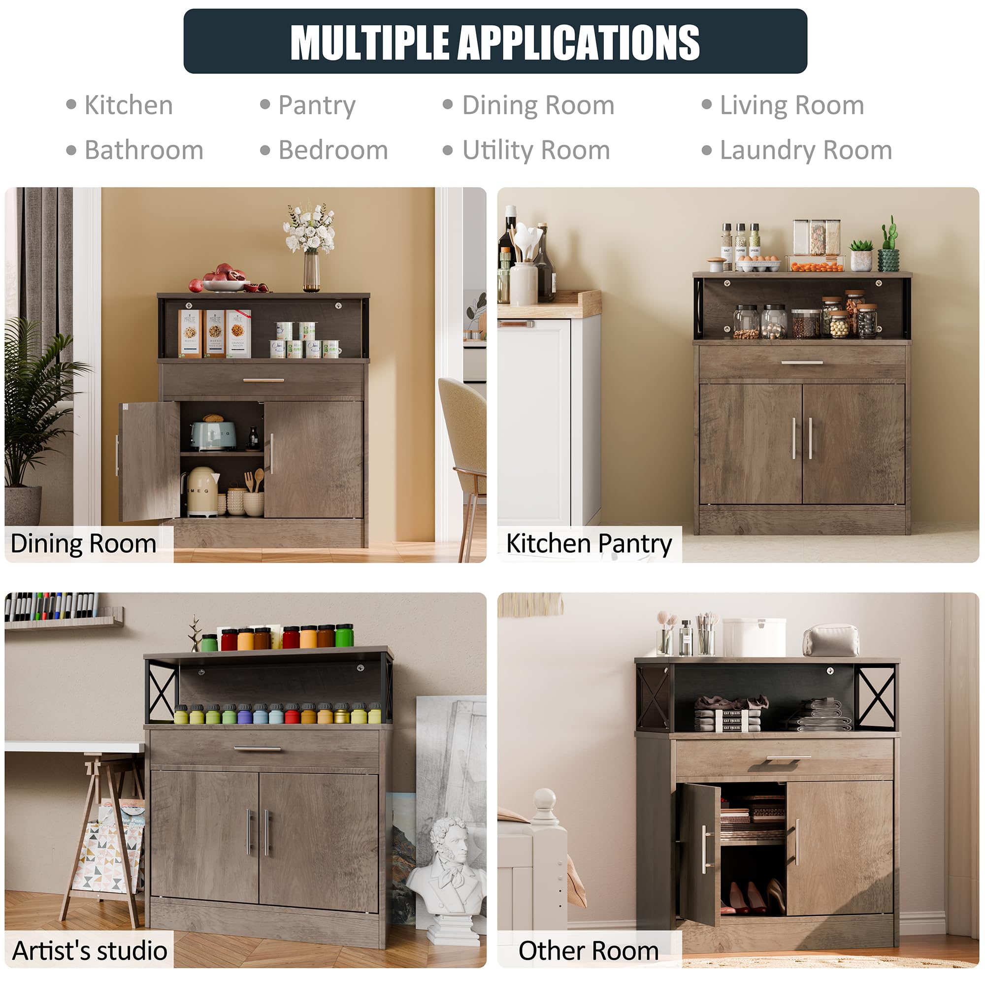 Farmhouse Style Sideboard Cabinet with 2 Doors & 1 Drawer - Rustic Wooden Buffet Storage Cabinet with Adjustable Shelves for Kitchen, Dining Room or Living Room - Perfect for Home Organization & Displaying Decor